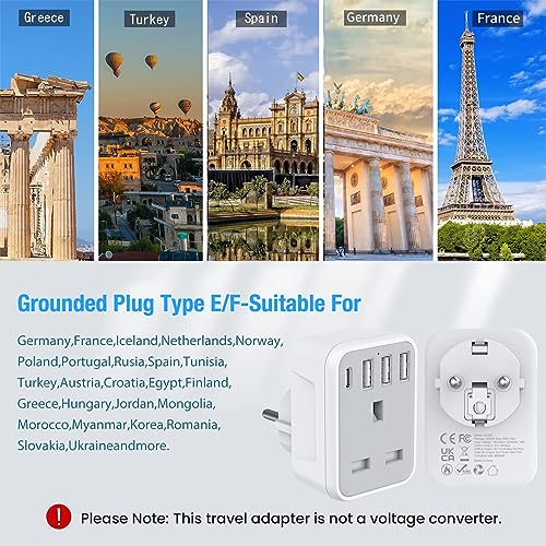 Detalle de Omivine 2 Pack European to UK Plug Adaptor with 4 USB Ports (1 USB-C) – Grounded EU Travel Adapter, Type E/F