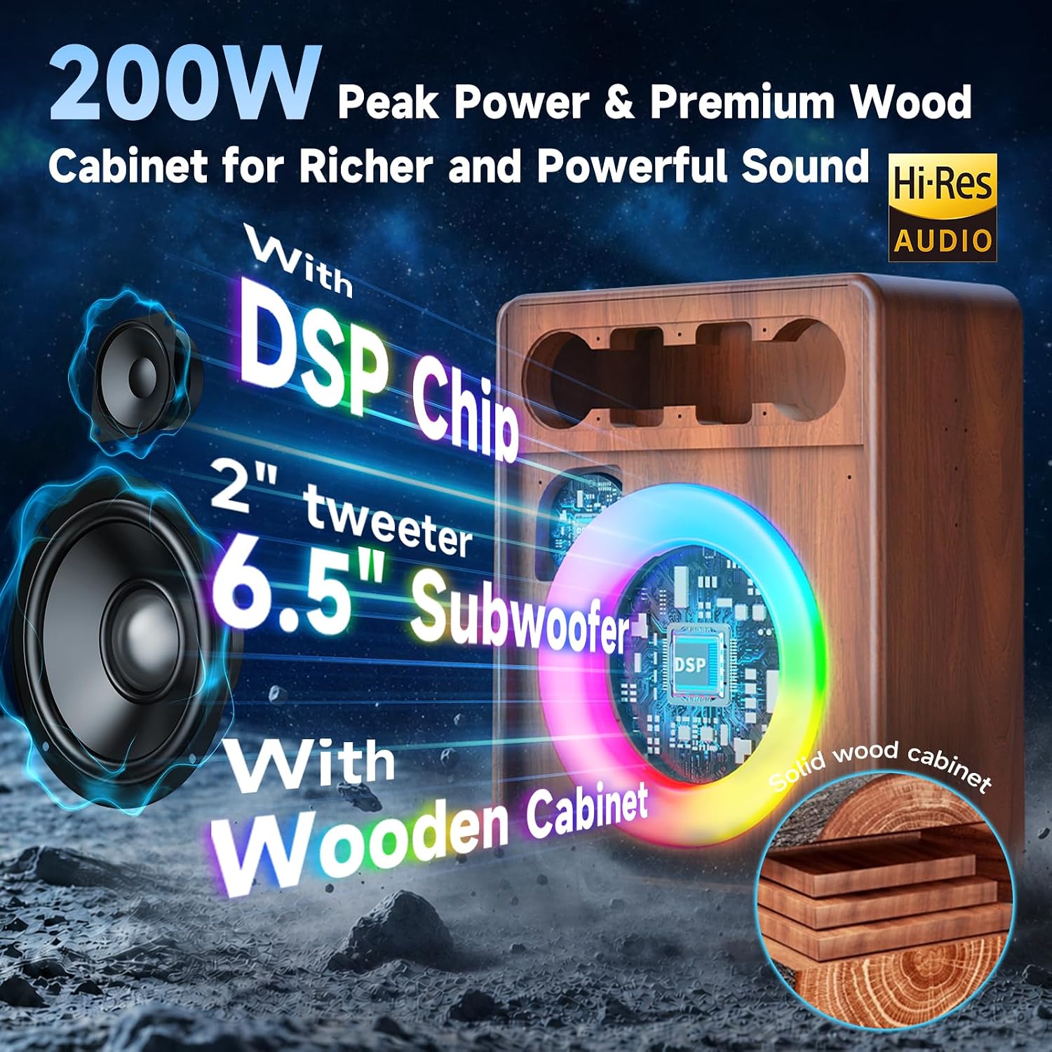Detalle 2 de HWWR S55 Karaoke Machine, 200W Peak, Wood Cabinet, Dual Wireless Mics