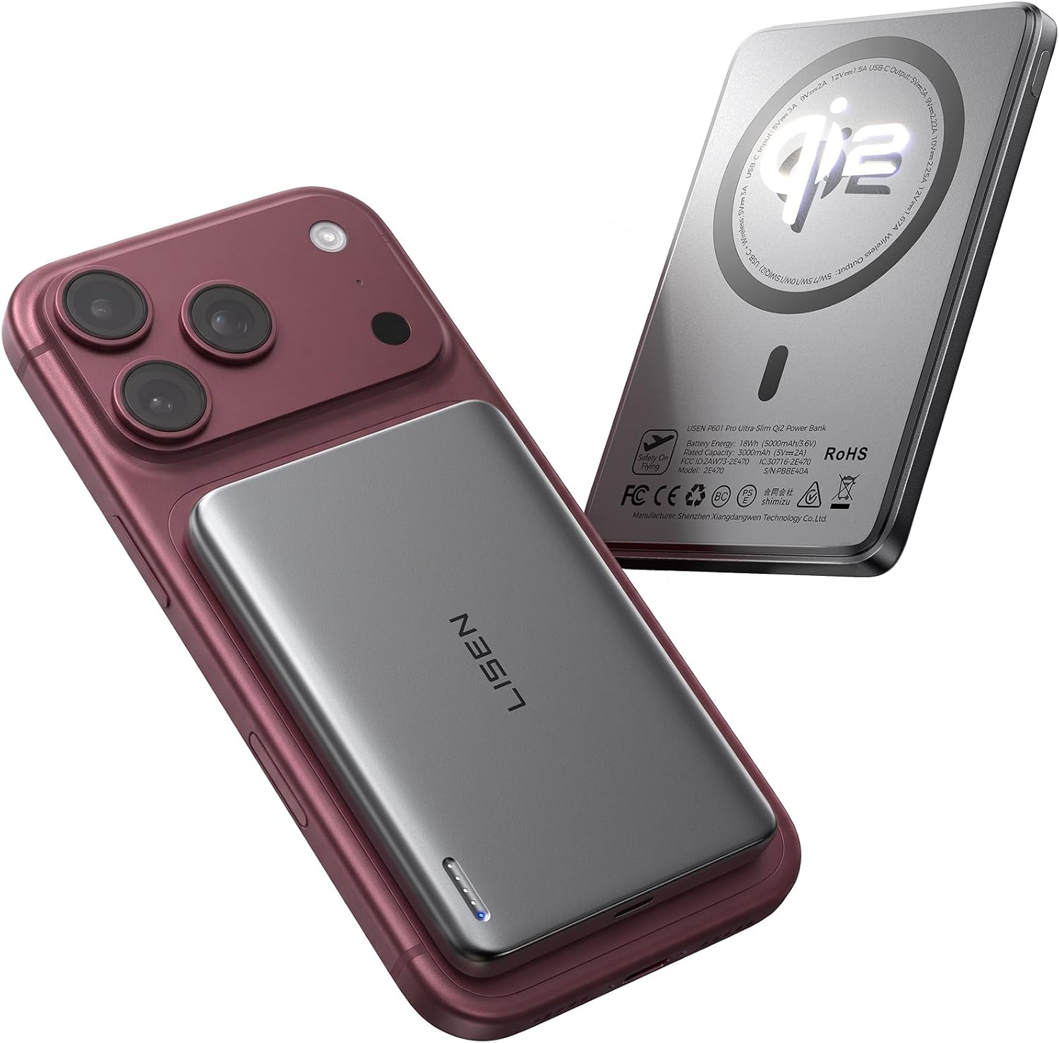 Detalle de LISEN 2E470 Qi2 Magnetic Power Bank, 5,000mAh, 0.38-Inch Slim Design