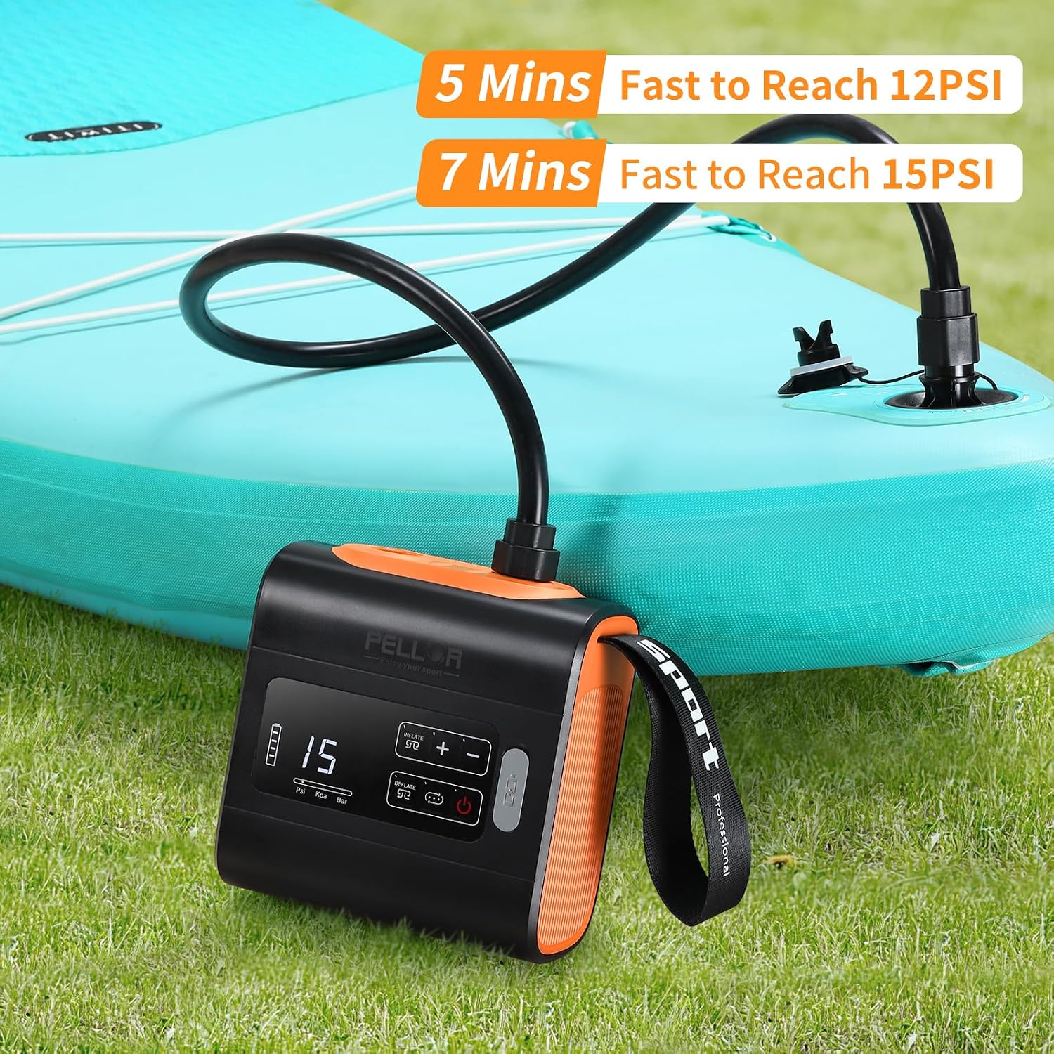 Detalle de PELLOR elektrisk SUP-pump med batteri, 22 PSI och automatisk avstängning