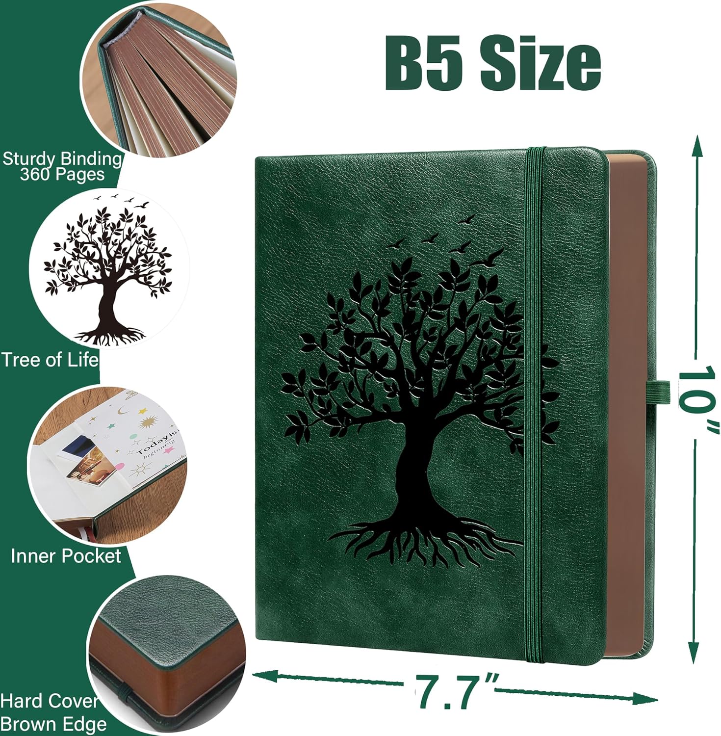 Thumbnail 1 de ZXHQ B5 360-Page Lined Journal Notebook with Pen Set and Pocket (Tree of Life, Dark Green)