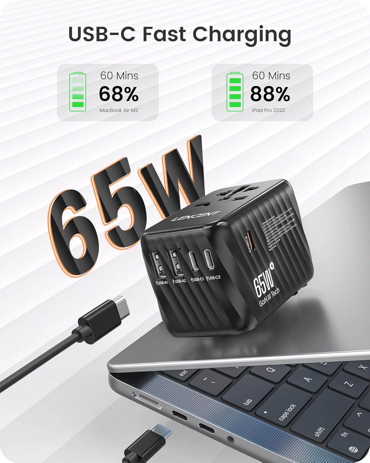Thumbnail 1 de LENCENT internationaler Reiseadapter 65W GaN3 mit 2× USB-A und 3× USB-C (PD), EU/UK/US/AU, schwarz