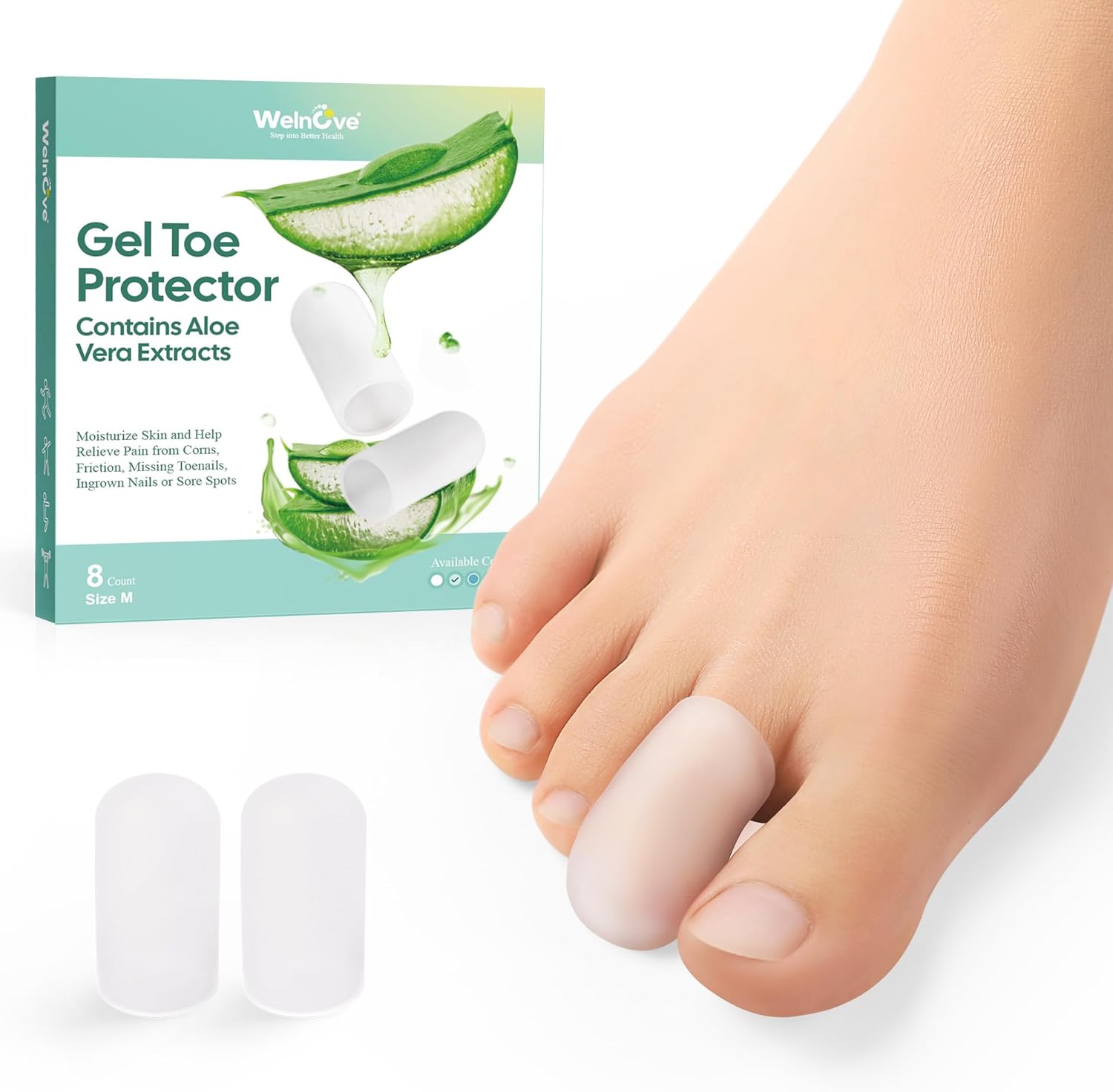 Detalle de Welnove Gel-Zehenkappe und Zehenschutz – 8er-Set mit Aloe Vera Extrakt, Silikon & Schutz vor Schmerzen