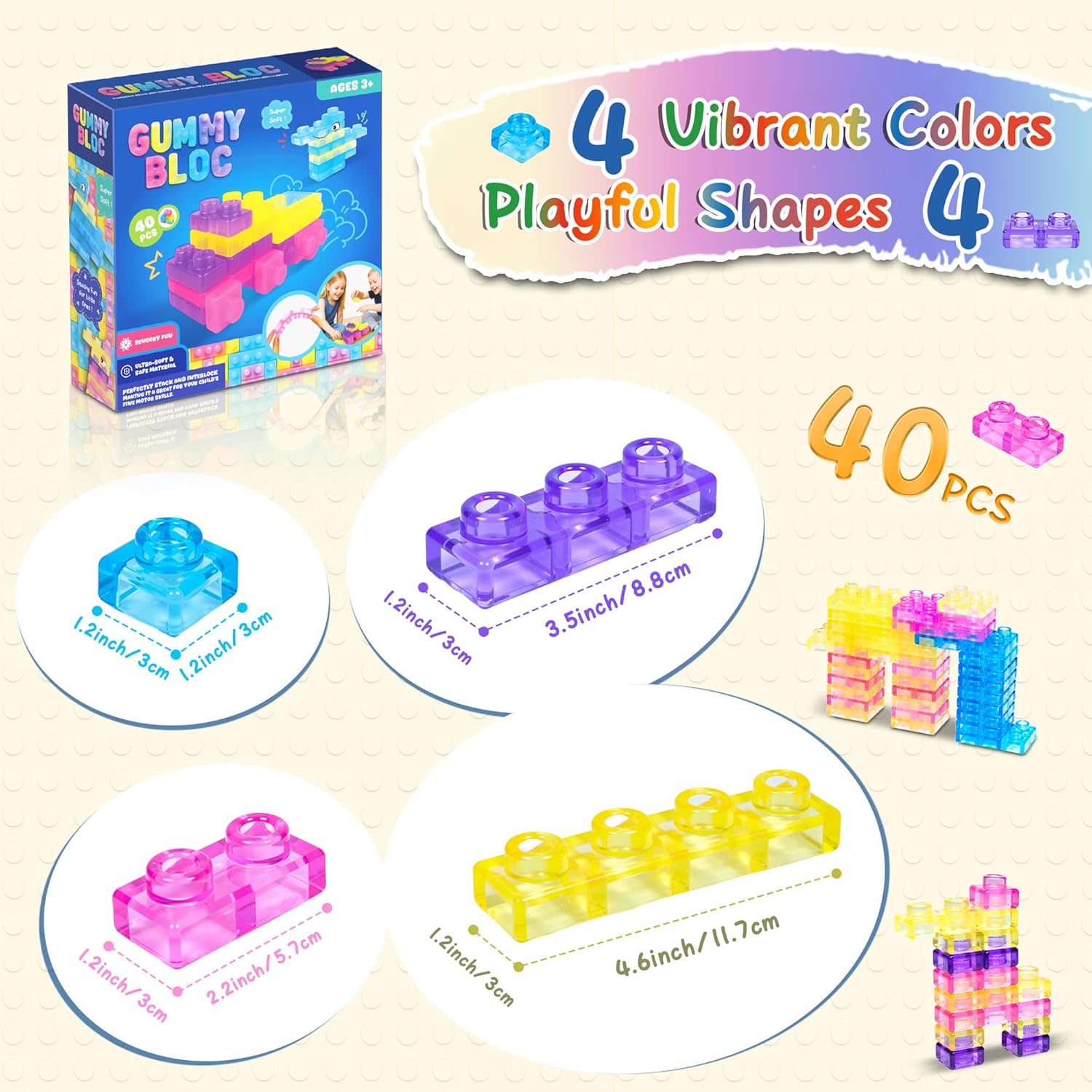 Thumbnail 6 de JOY SPOT! 40-Piece Sensory Soft Building Blocks for Toddlers (TPE Squishy Stack & Stretch Toy Set)