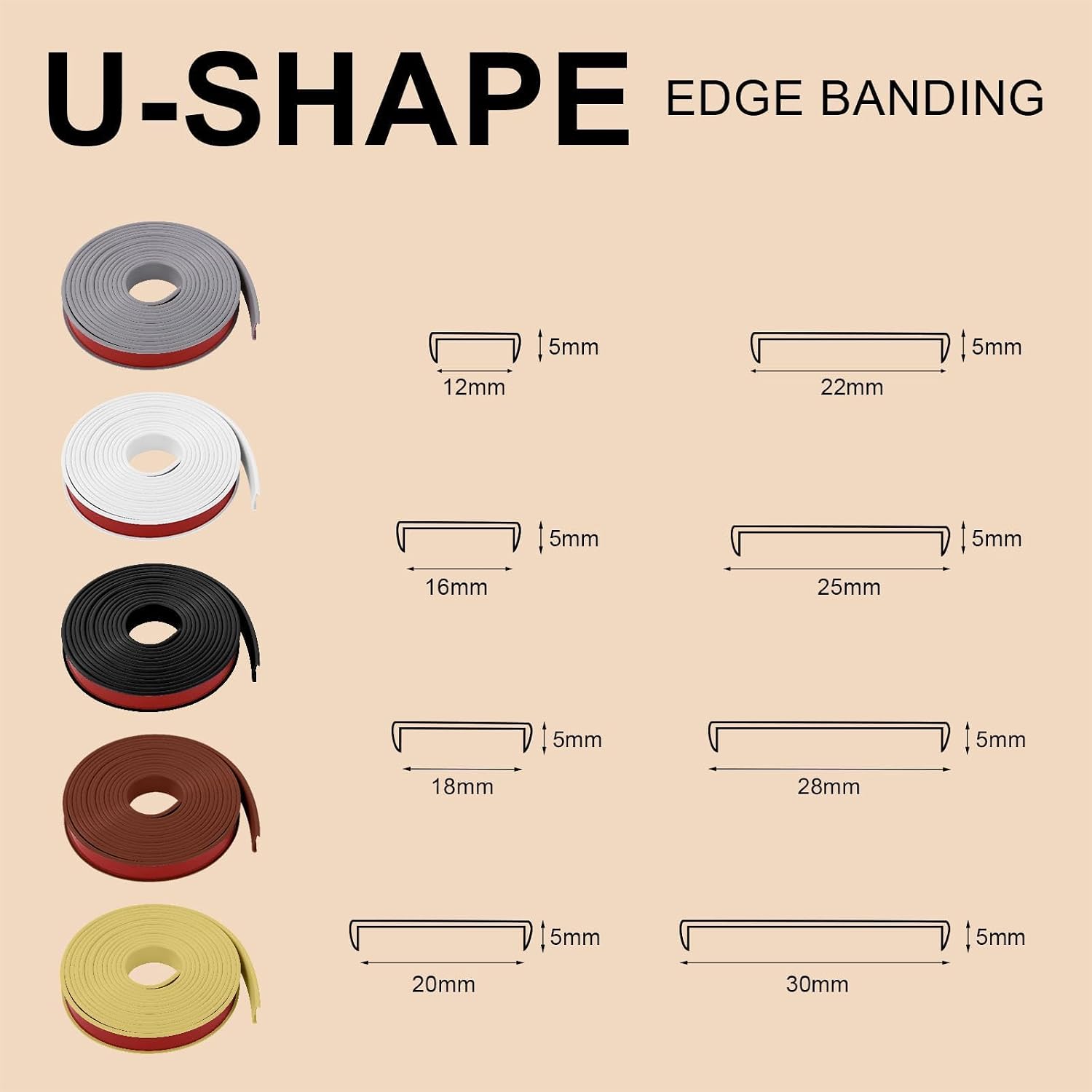 Detalle 2 de flintronic 10m U-Shape Flexible Furniture Edge Banding (16mm), self-adhesive TPE trim tape in grey