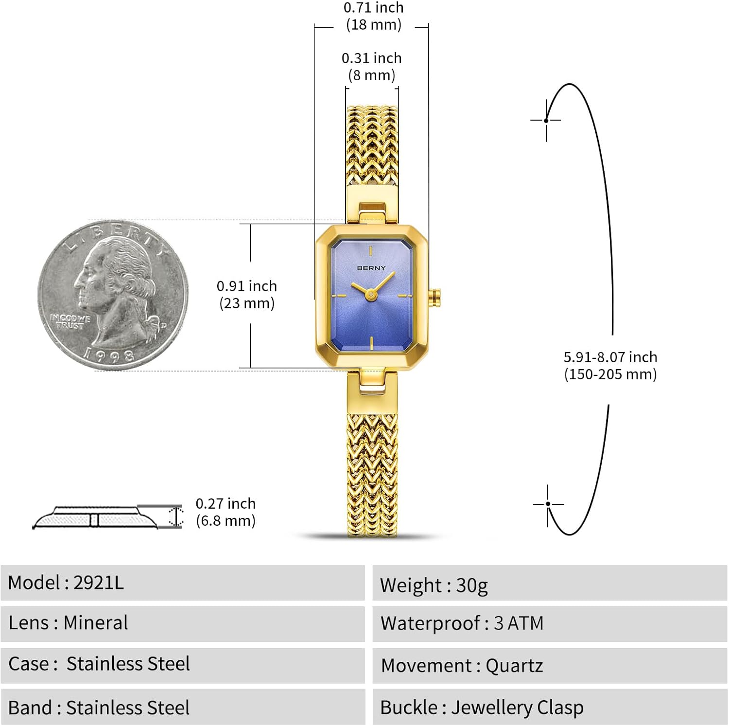 Thumbnail 5 de BERNY Damen Uhr Rechteck Mini Armbanduhr Quarzwerk – zeitloses, kompaktes Design