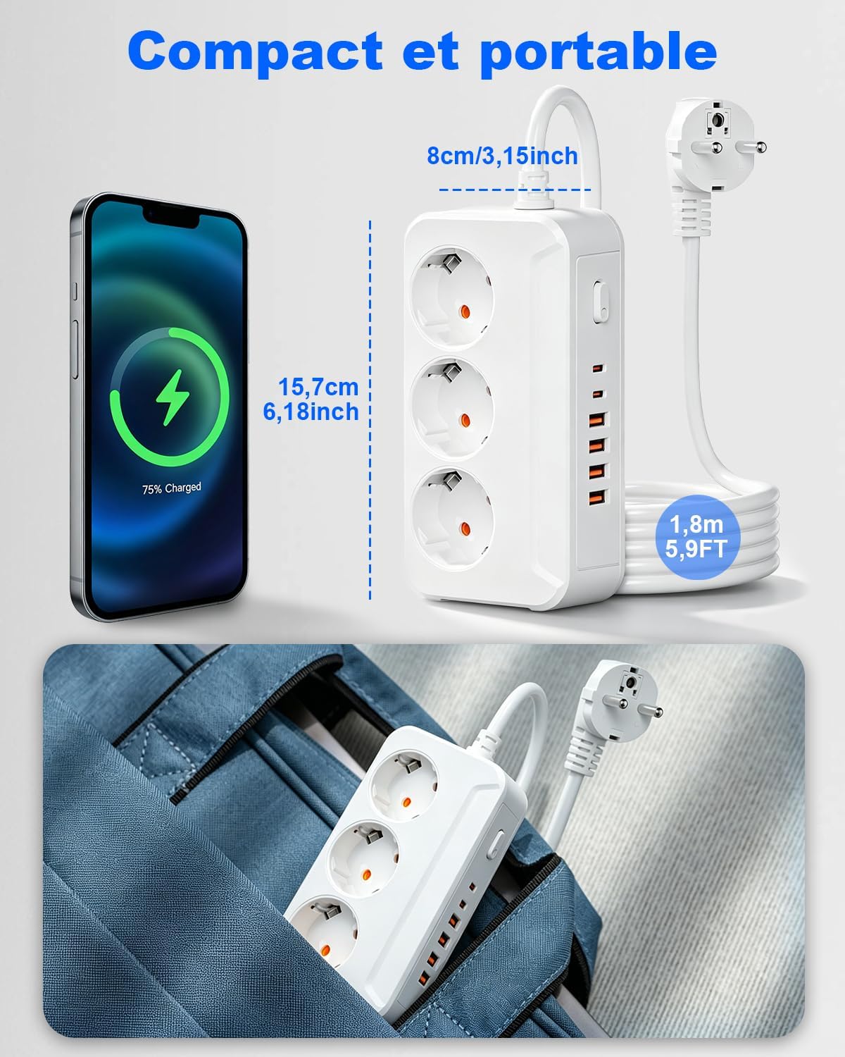 Thumbnail 6 de Jonurphy stekkerdoos met 3 stopcontacten, 6 USB-poorten en schakelaar