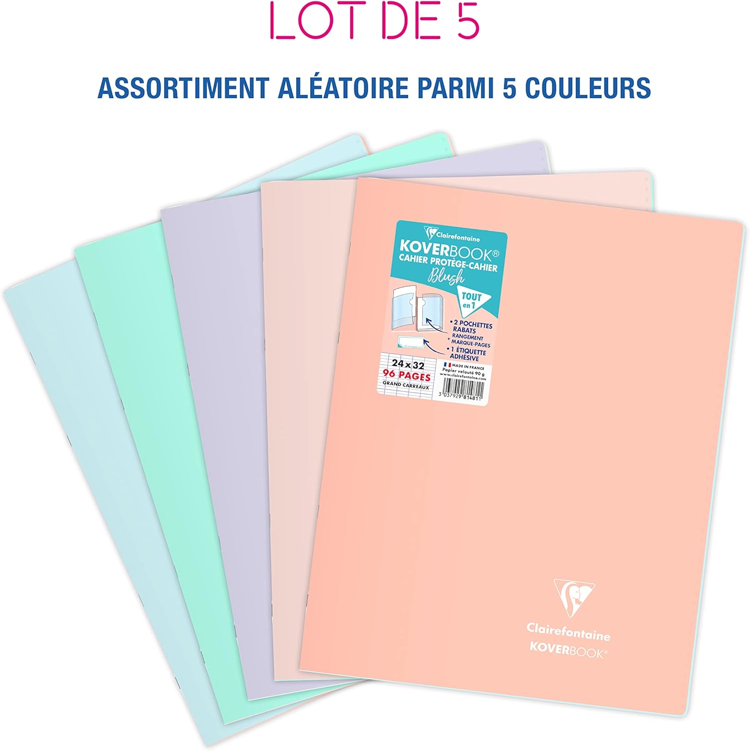 Thumbnail 1 de Clairefontaine 981481AMZC – Lot de 5 Cahiers Agrafés Koverbook Blush 24x32 cm, 96 Pages, Grands Carreaux