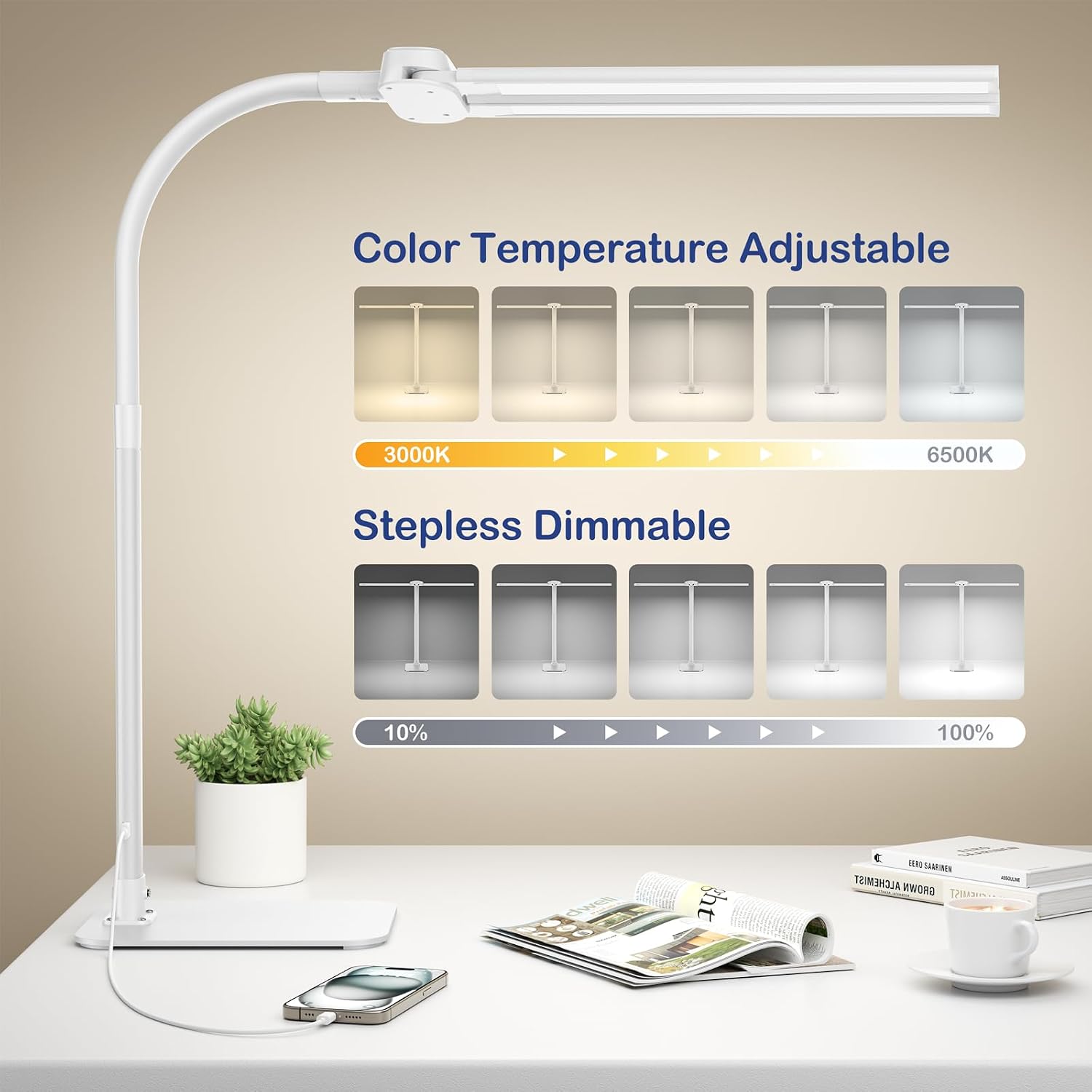 Detalle 2 de Kary 24W LED Desk Lamp with USB charging, dimming & remote control (white)