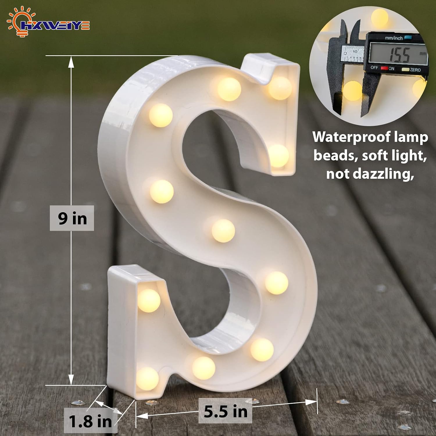 Detalle de HXWEIYE S Light-Up Marquee Letter, Warm White LED, Battery-Powered