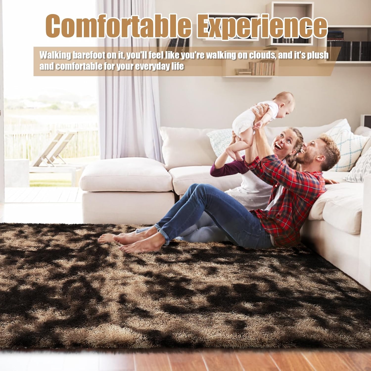 Thumbnail 4 de Tie-Dyed Coffee 8x10 Fluffy Area Rug for Living Room