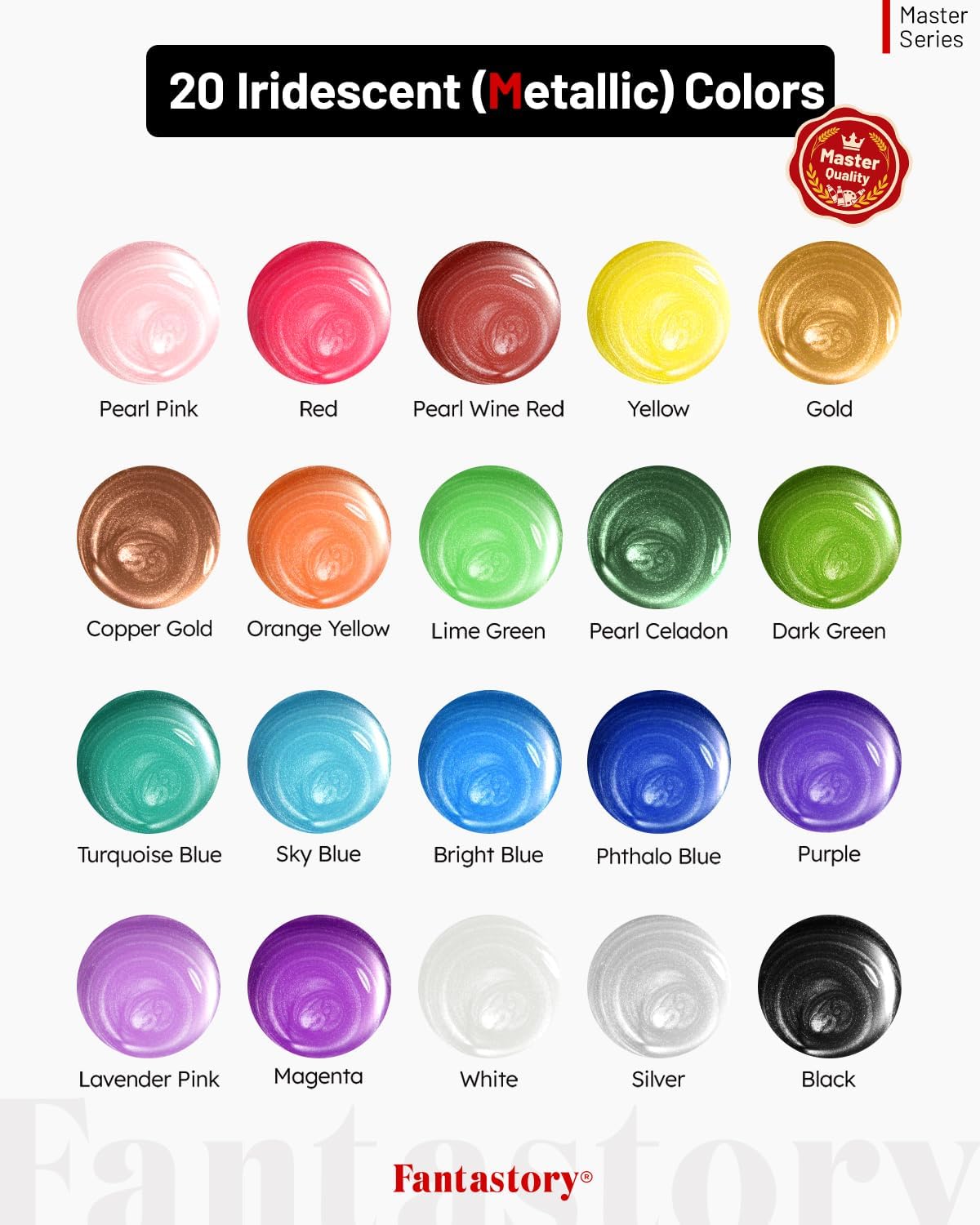 Detalle de fantastory Metallic Iridescent Acrylic Paint Set with 12 Brushes – 12 x 2oz Metallic Colours (Balanced Series)