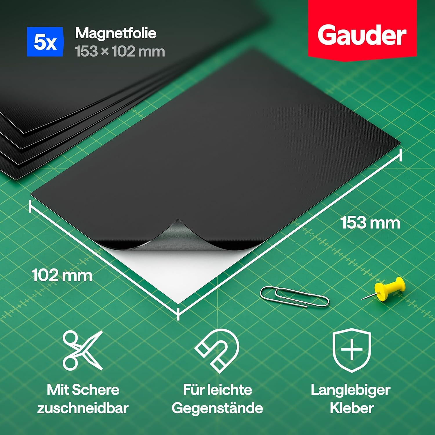 Thumbnail 2 de GAUDER Magnetfolie selbstklebend stark (5 Stück, 153 x 102 mm) – zuschneidbare Magnetmatte für Fotos, Basteln & Stanzschablonen