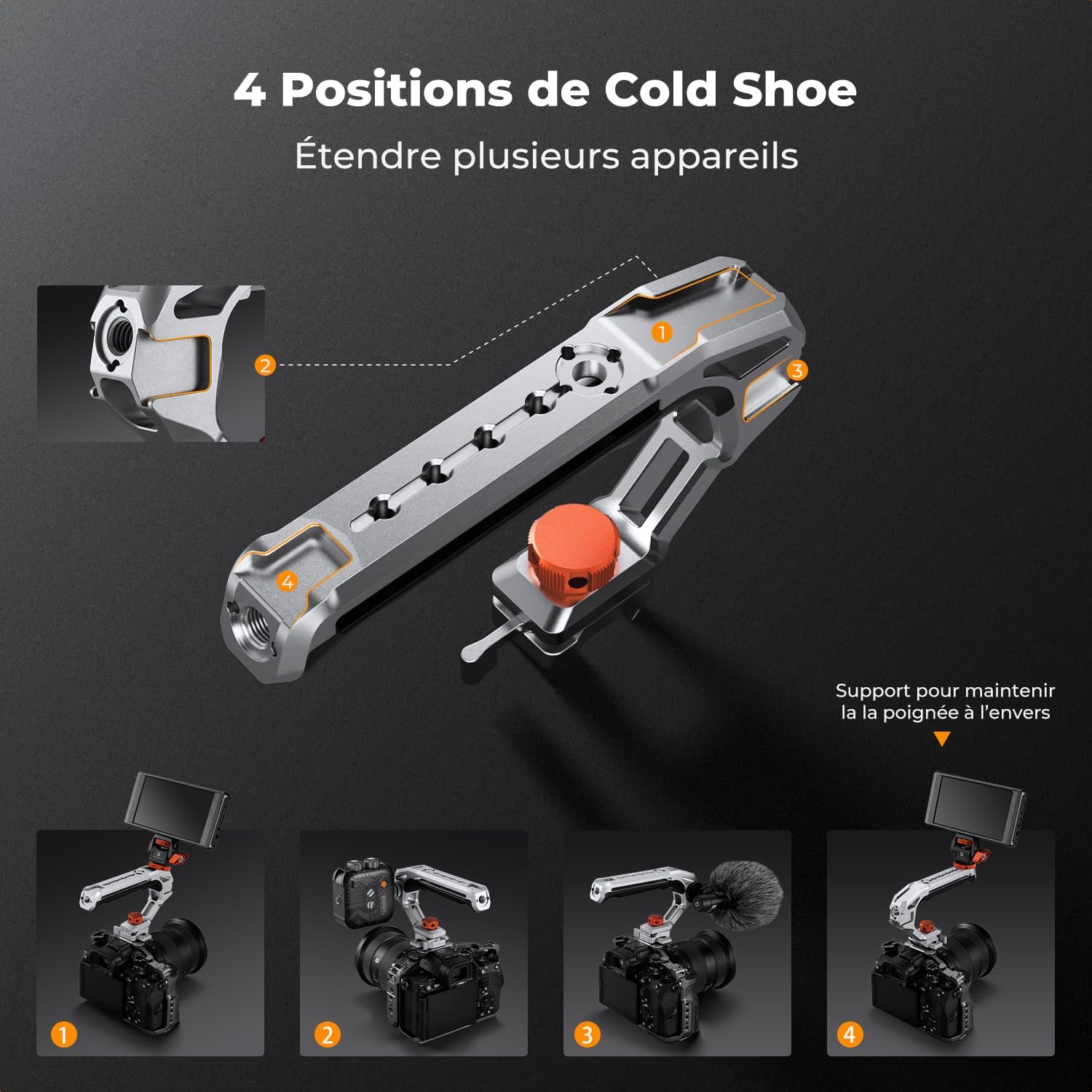 Thumbnail 3 de K&F CONCEPT Poignée supérieure métal avec rail NATO et cold shoe 1/4"-3/8" (capacité 10 kg) + vis Arri