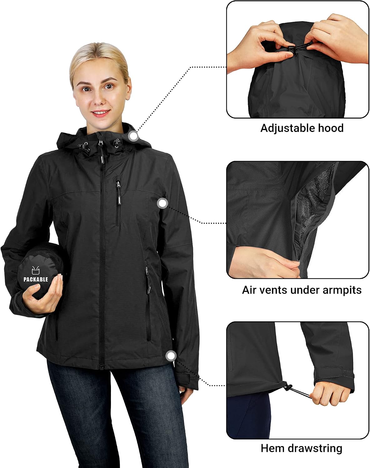 Detalle de Outdoor Ventures Damen Regenjacke 10000MM – wasserdicht, atmungsaktiv, leicht gefüttert