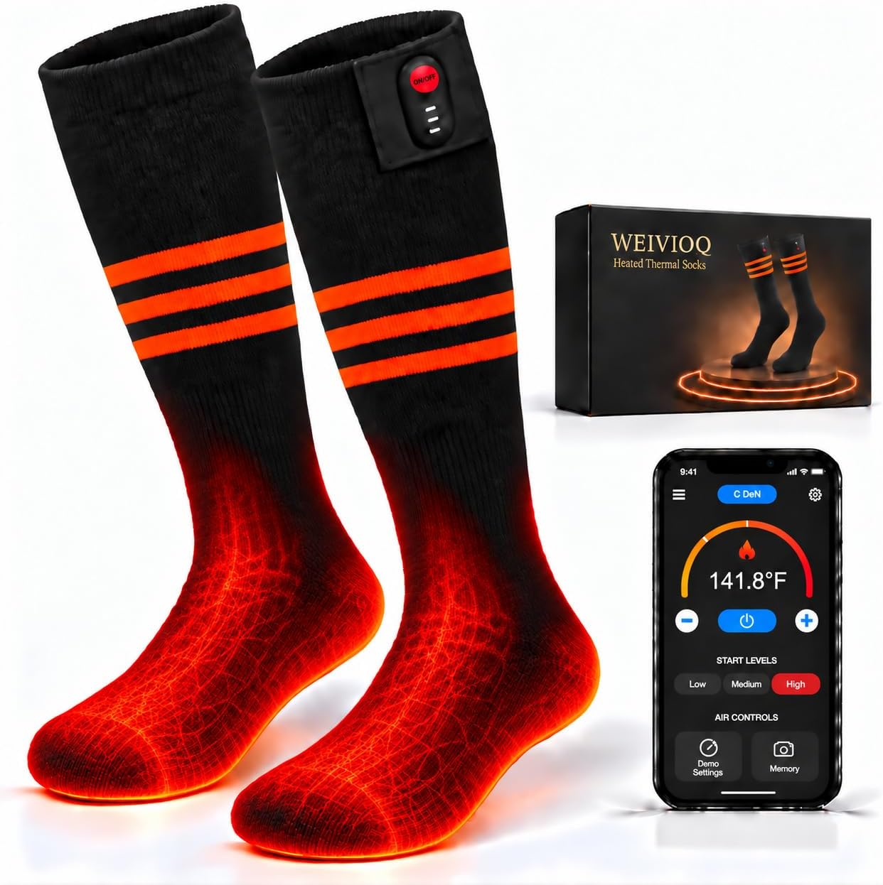 Detalle de WEIVIOQ PG-7000B Heated Socks, Wool Blend, App and Button Control
