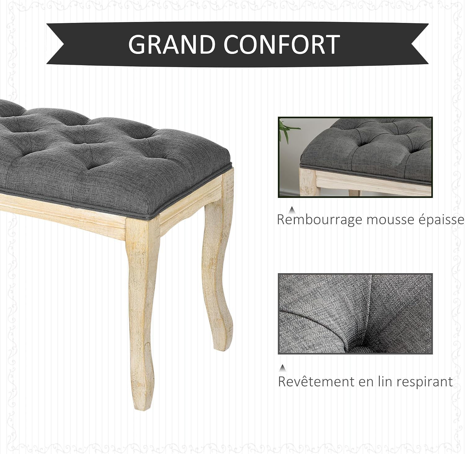 Detalle de HOMCOM banquette capitonnée en lin style classique chic, 110 cm, piètement en bois d’hévéa sculpté