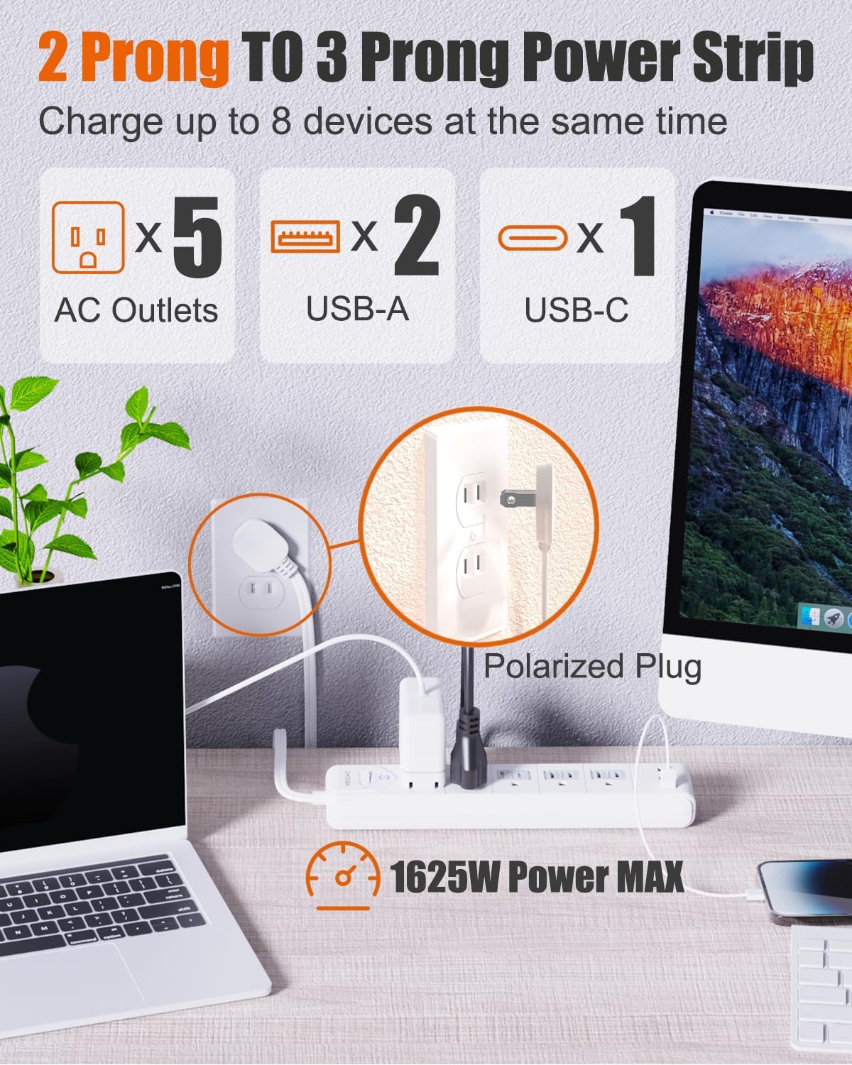 Detalle 2 de WRXDMC 2 Prong to 3 Prong Outlet Adapter with 5ft Cord and 1680J Surge Protection