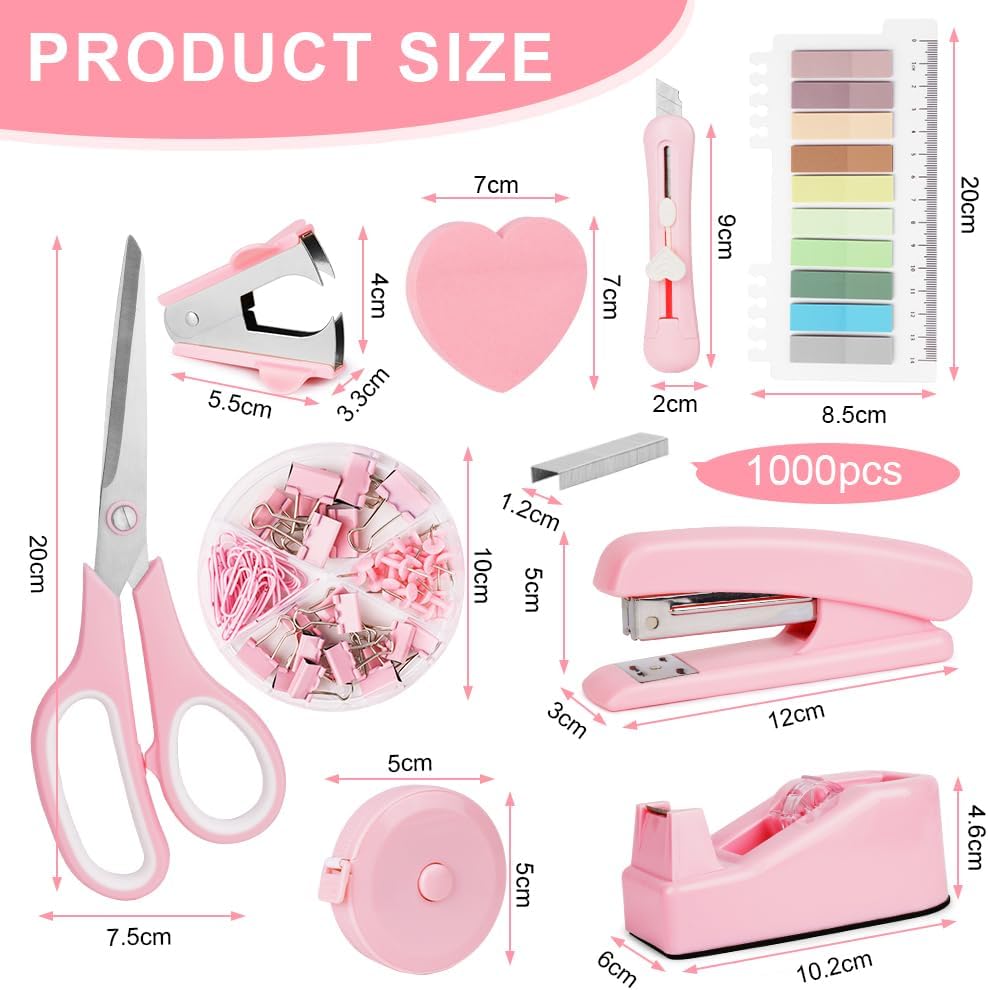 Detalle 2 de OFFCUP roze bureauaccessoireset met nietjes, plaknotities en meetlint