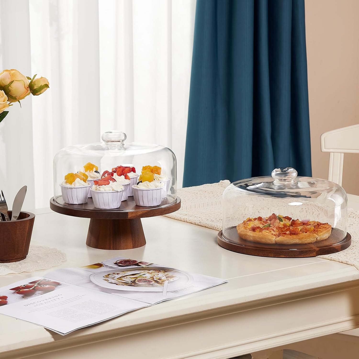 Detalle 2 de VIVIRBIEN Wooden Cake Stand with Lid (Acacia) with Glass Dome, 11-Inch Dessert Stand with Magnetic Pedestal