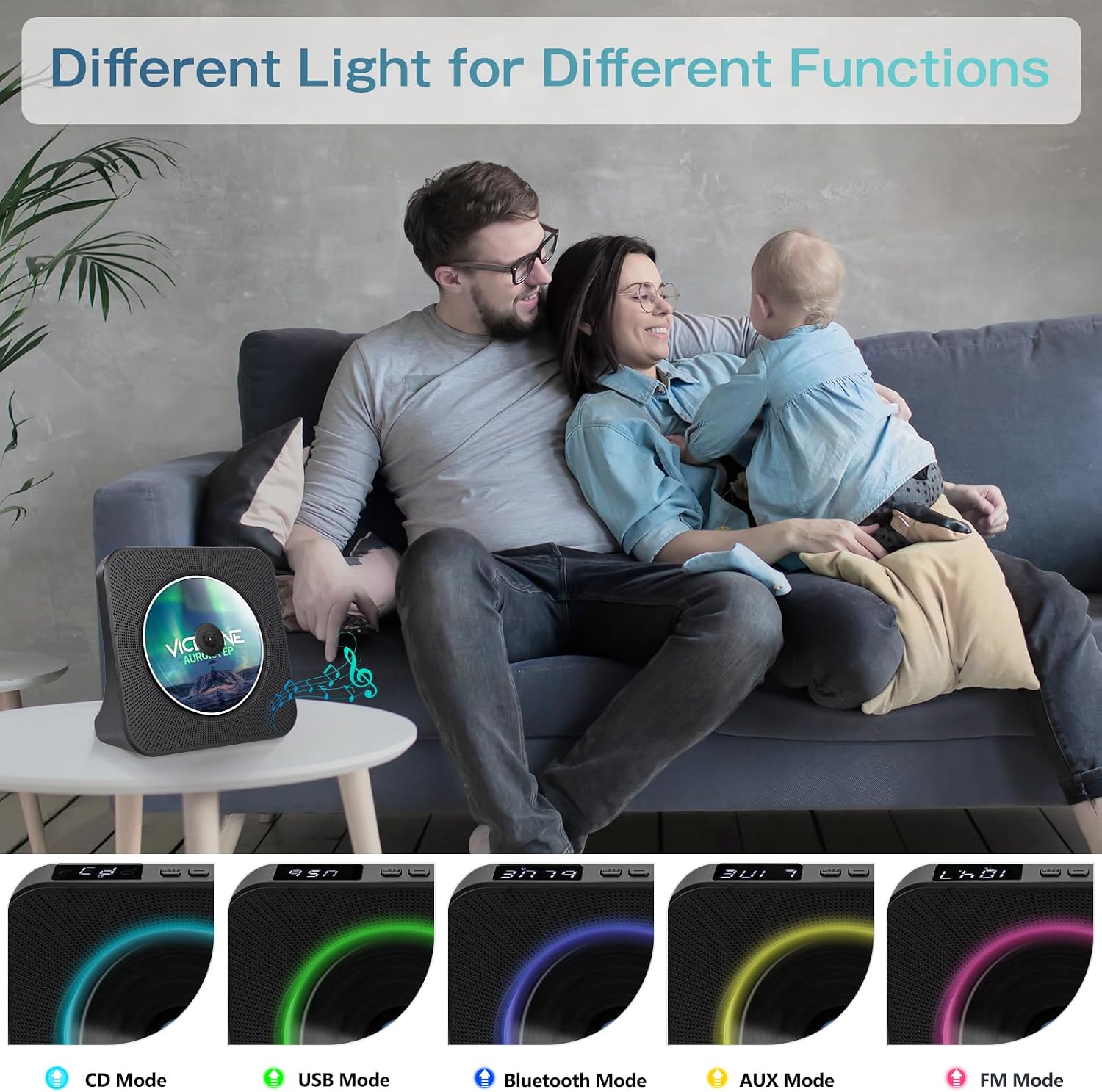 Detalle de Lecteur CD Bluetooth Design Bureau — Radio portable avec double haut-parleurs, timer et ports USB/AUX