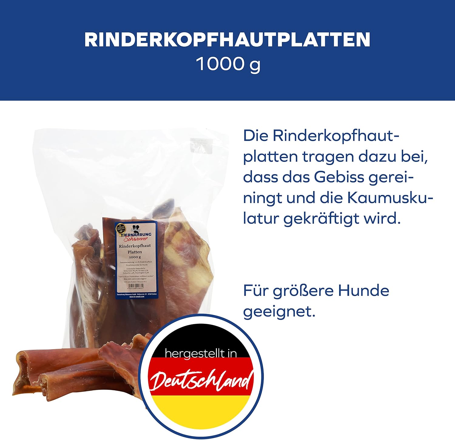 Detalle de Tiernahrung Schwenner Rinderkopfhautplatten 1000g 🍖