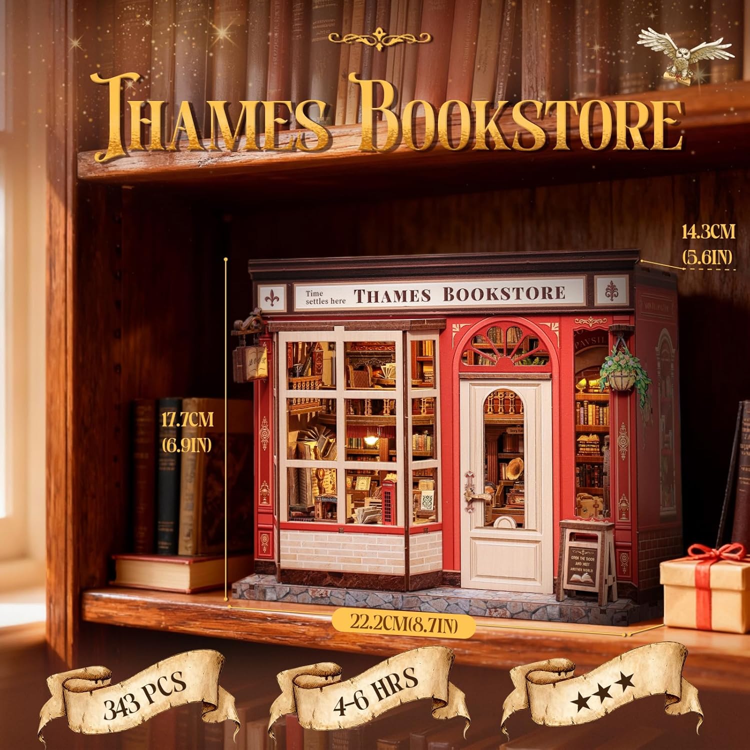 Detalle 2 de CUTEBEE Book Nook Kit – Miniatur-Puppenhaus (Thames Bookstore) mit LED-Licht