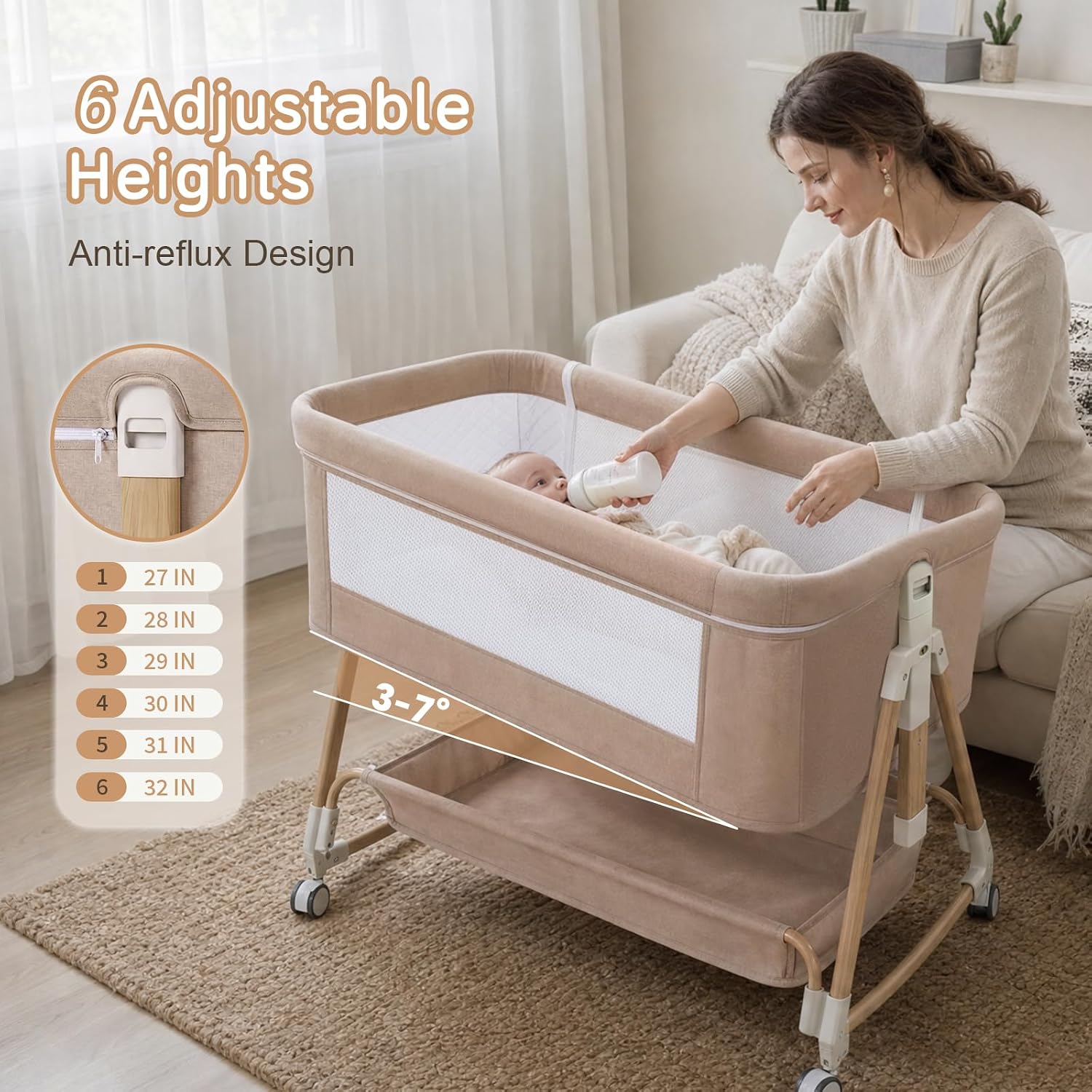 Detalle 2 de Uuoeebb 26.4.3-605 Khaki- 3-in-1 Bedside Bassinet with Mesh