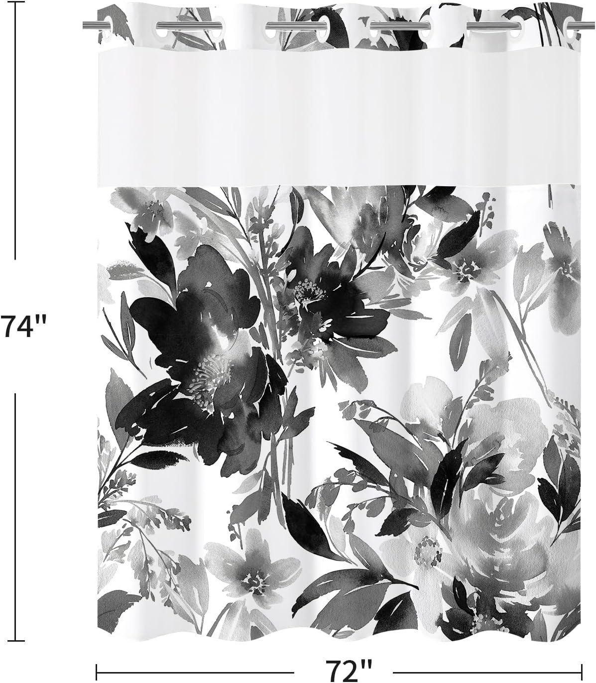 Detalle de Litabel No Hook Black Watercolor Floral Shower Curtain and Liner Set, 72x74