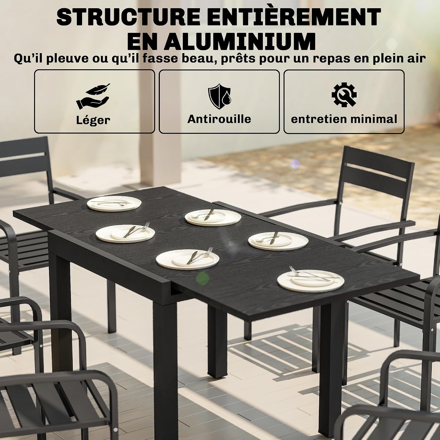 Detalle 1 de Outsunny 84K-001V00BK uitschuifbare tuintafel in aluminium met houtlook