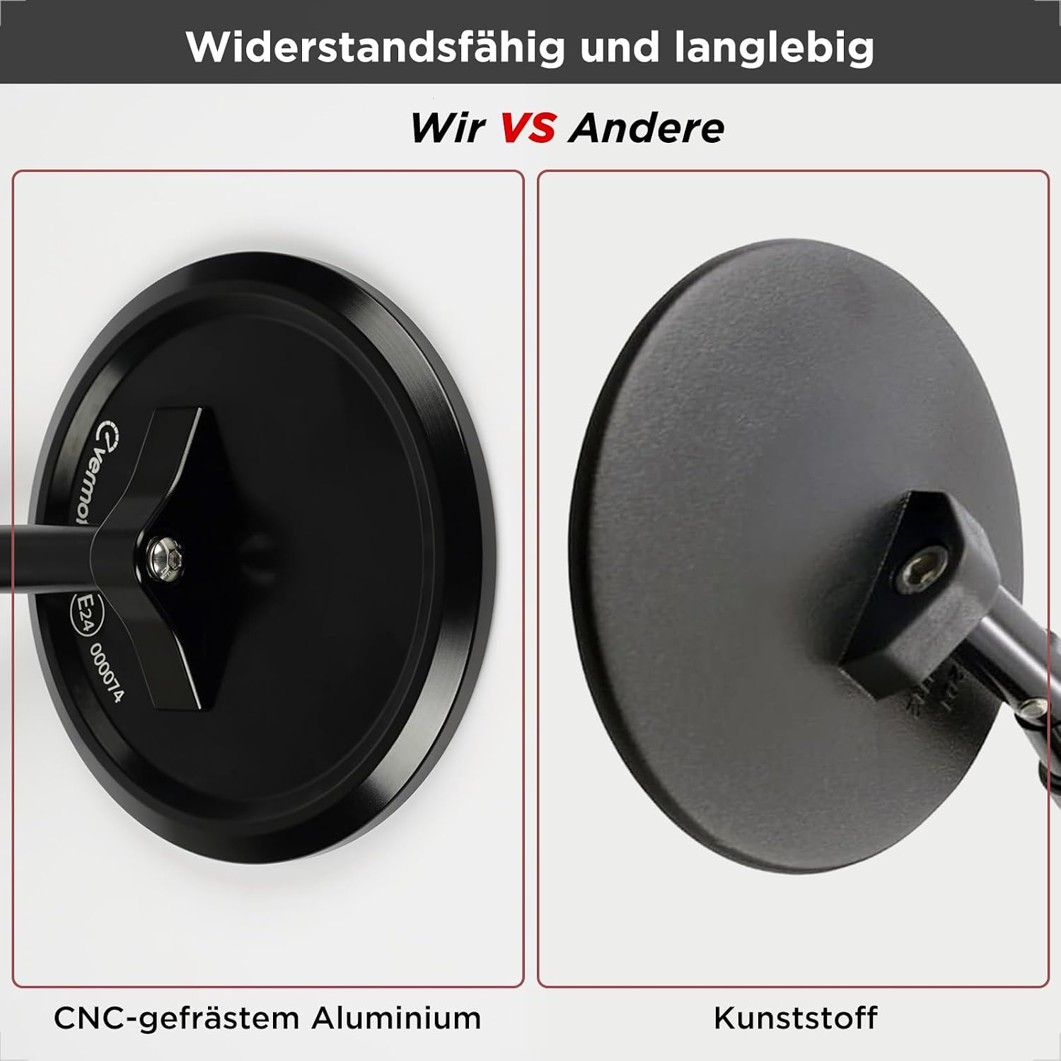 Detalle 2 de evermotor Motorradspiegel E-geprüft (E24) – CNC Lenkerendenspiegel Ø95 mm, 360° verstellbar, für Ø22 mm Lenker (Paar)