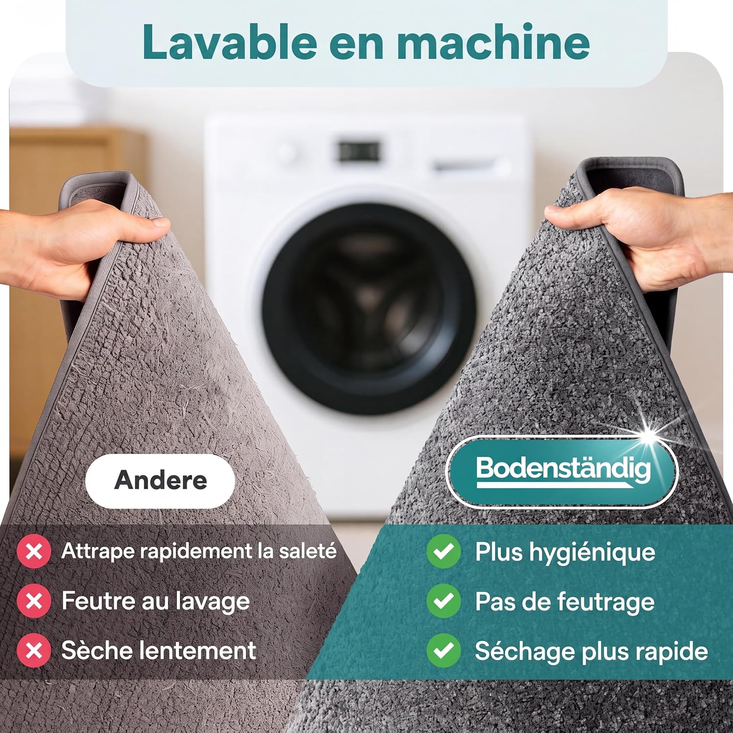 Detalle de BODENSTÄNDIG® badvorleger, donkergrijze badmat 40 x 60 cm met korte vezels