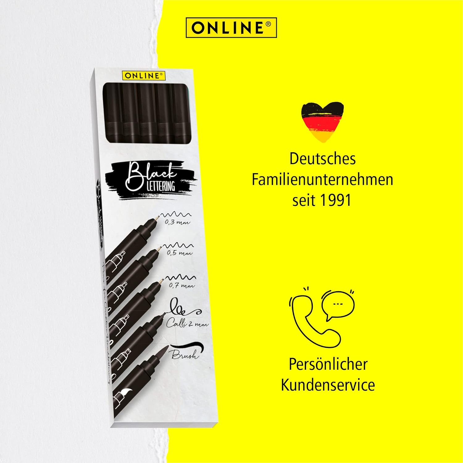 Detalle de Online 5x Fineliner Schwarz wasserbeständig Set mit Brush Pen, Fineliner- und Kalligrafie-Spitzen