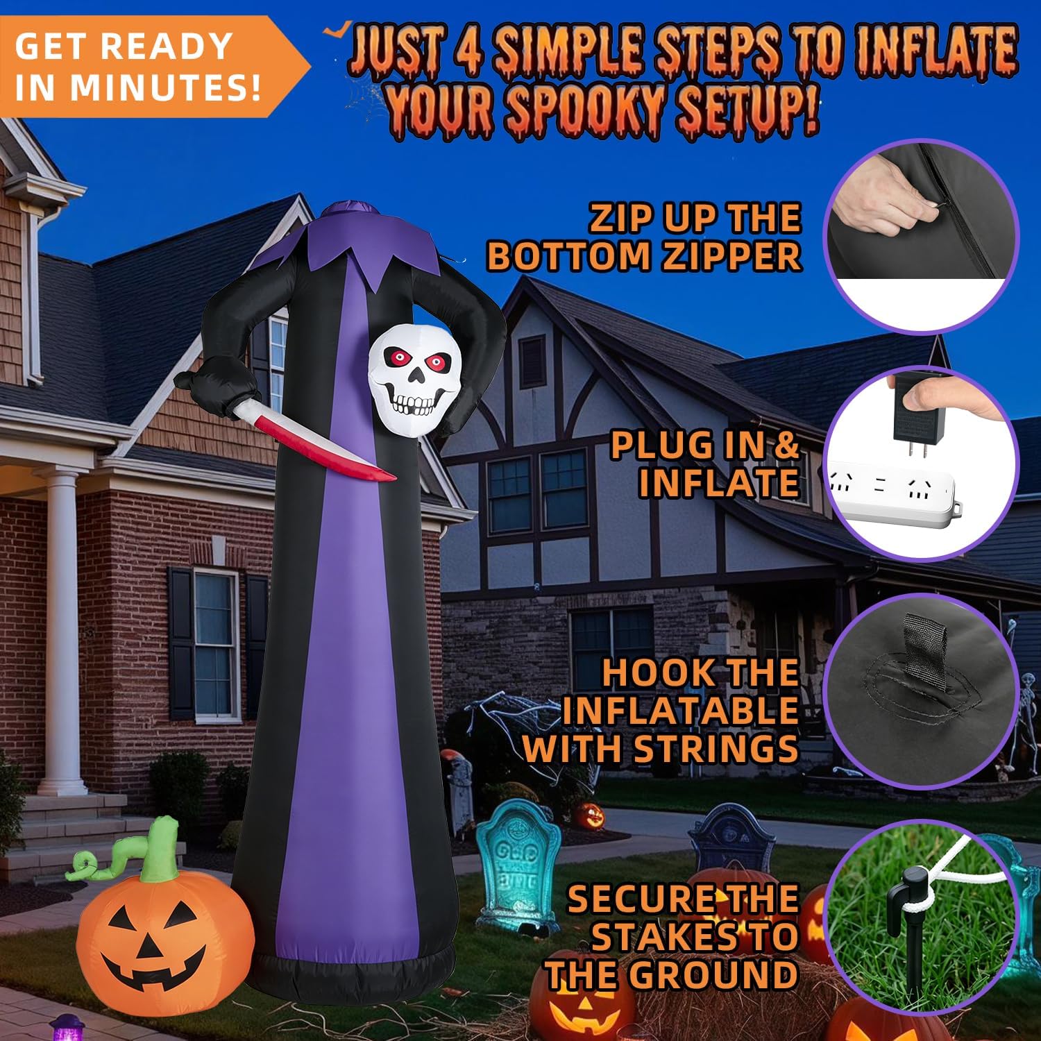 Detalle 2 de Kendane CA-116 10-Foot Halloween Grim Reaper Inflatable with Red LED Lights