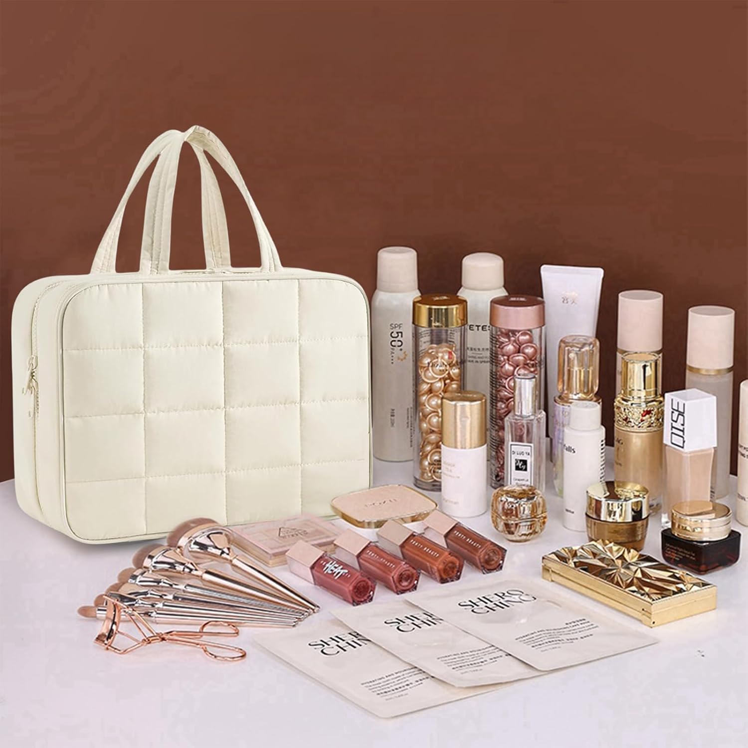 Thumbnail 6 de Aucuu Trousse de Maquillage Suspendue Grande - Grande Capacité avec Crochet et Compartiments, Beige