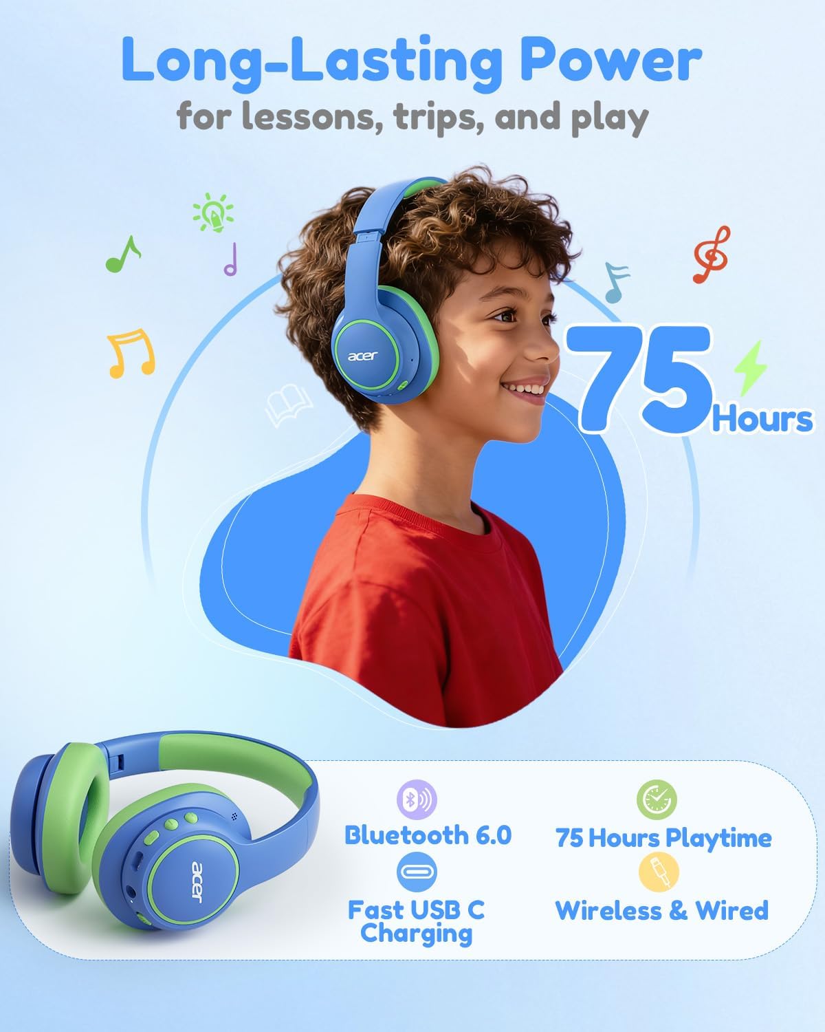 Detalle 1 de Acer OHR702 Kids’ Wireless Over-Ear Headphones, 85 dB Limit, Bluetooth 6.0