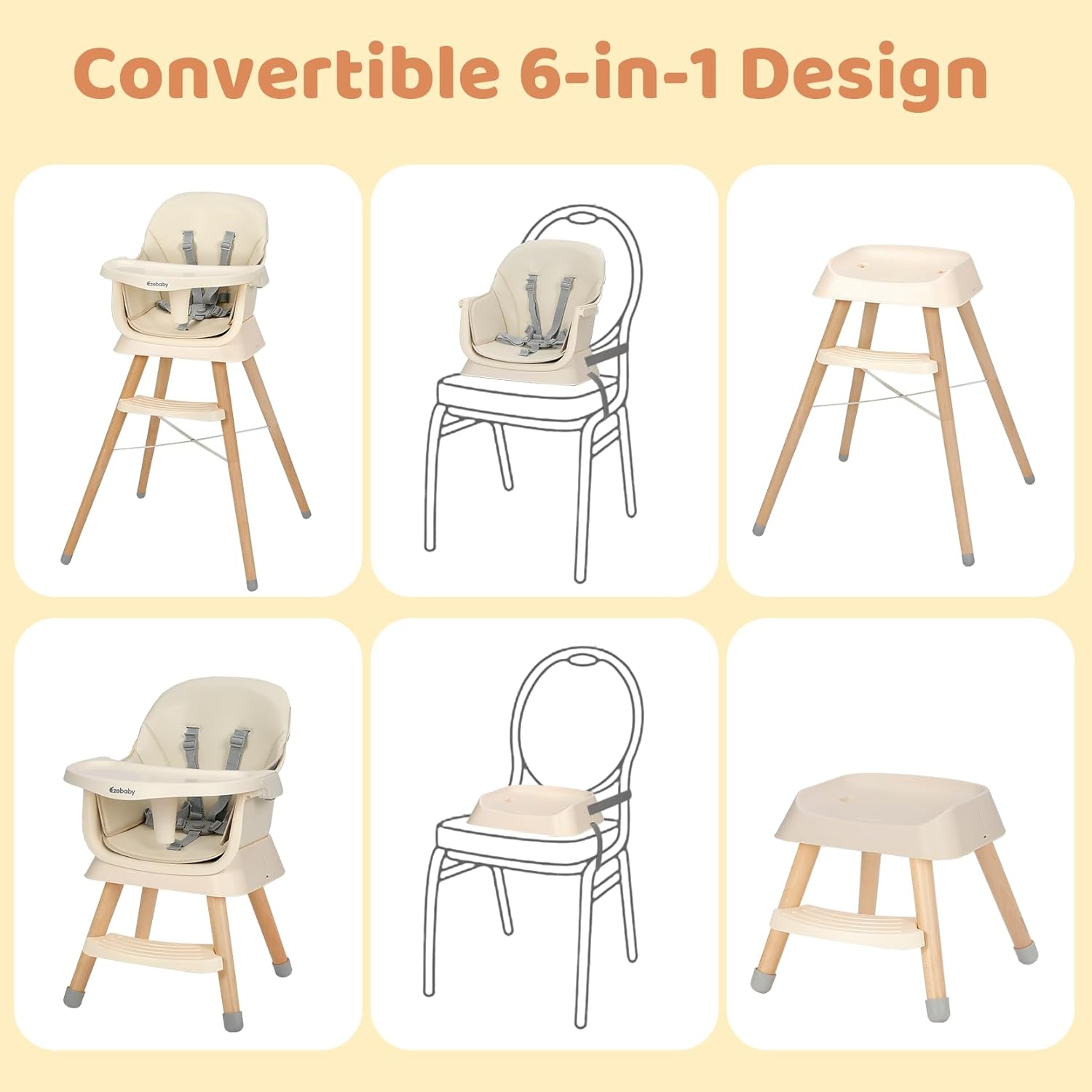 Thumbnail 4 de Ezebaby Seggiolone Pappa 6 in 1: Rialzo Da Sedia, Alzasedia, Sgabello e Tavolino in Legno