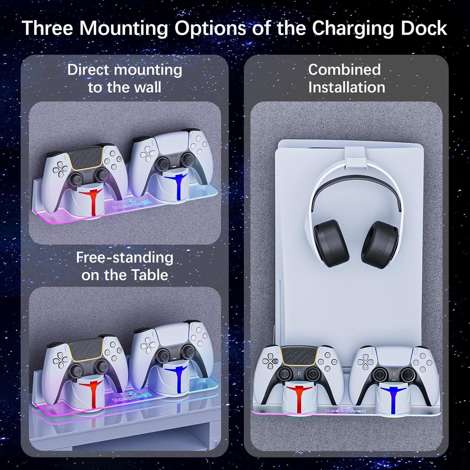 Detalle de Hosanwell PS5 Wall Mount with Charging Station (for PS5/PS5 Pro/PS5 Slim) – Dual Use Dock with RGB Lights, White