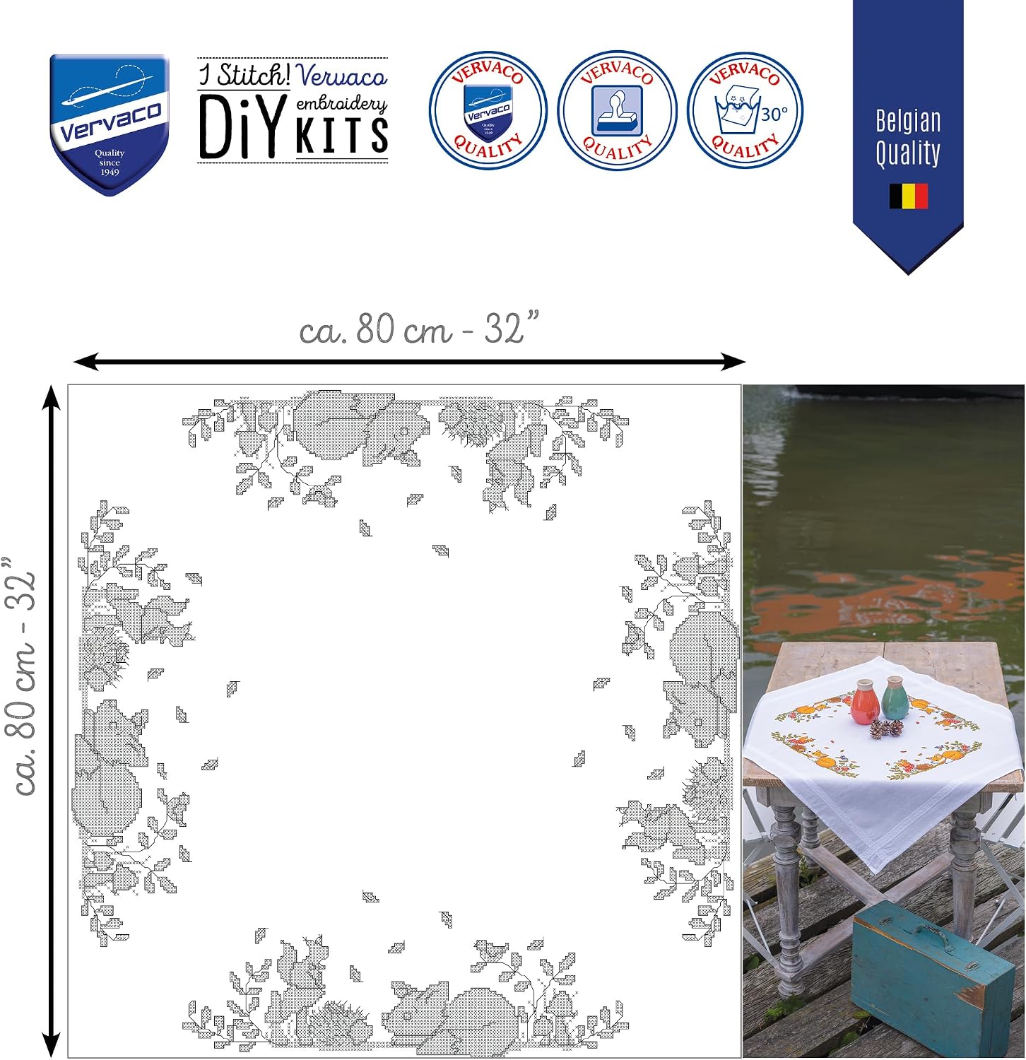 Detalle 2 de Vervaco Zwierzęta Jesiennego Lasu – zestaw do haftu krzyżykowego, obrus 80 × 80 cm