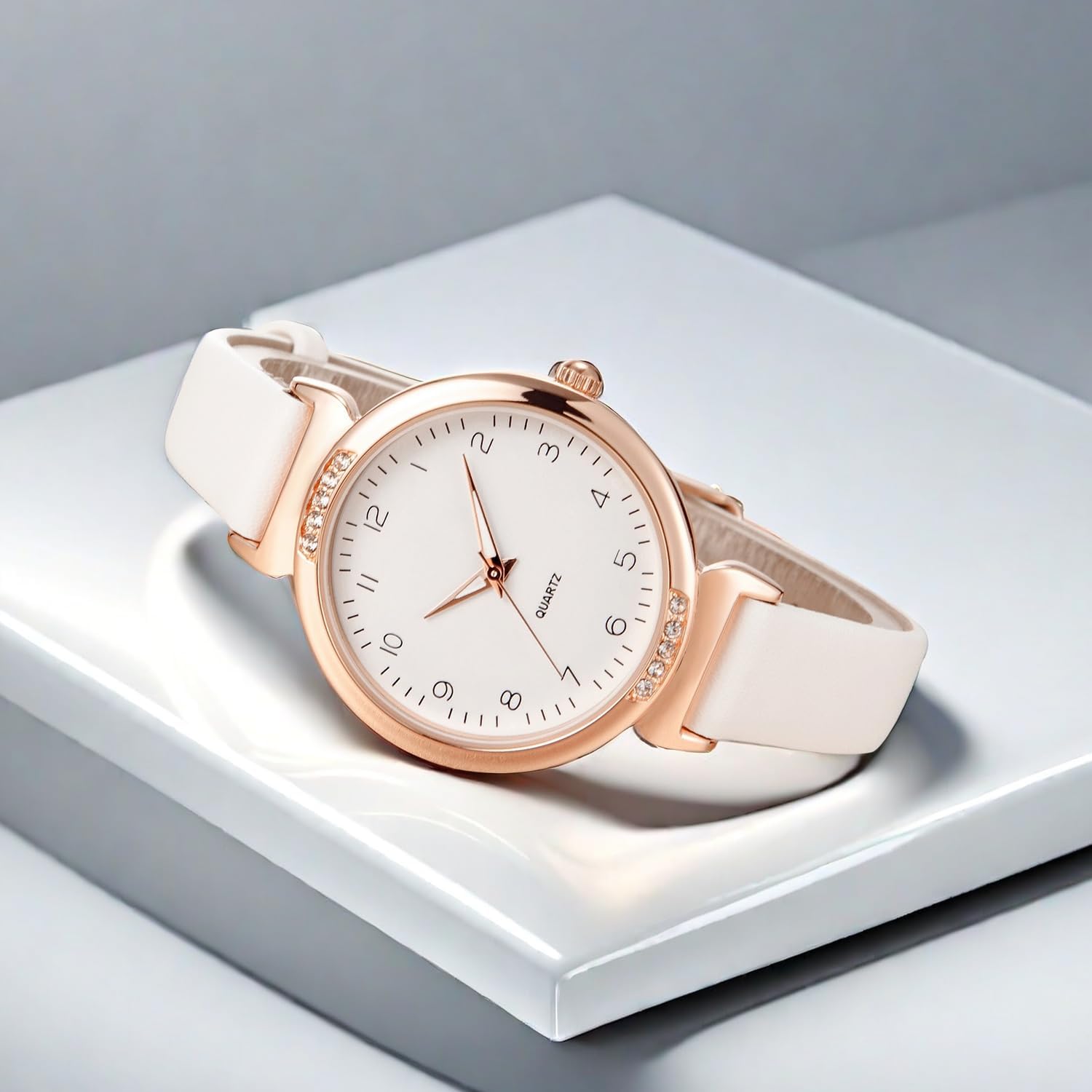 Thumbnail 1 de NUOVO Women’s Rhinestone Bezel Dress Watch with Rose Gold Case and White Leather