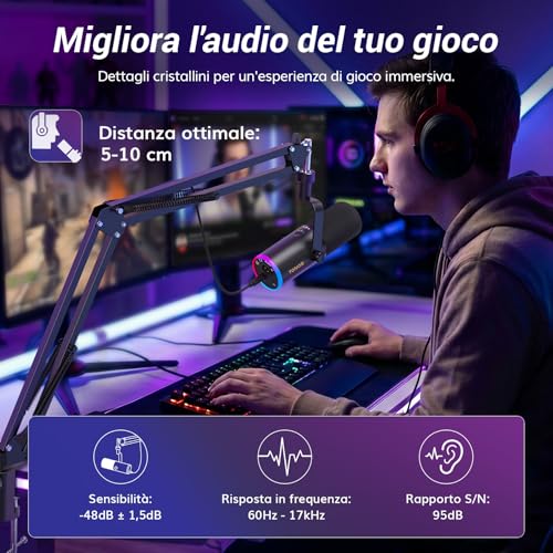 Detalle de TONOR TD510 AIR H+ Microfono Gaming Dinamico con USB/XLR, Cuffie 3,5 mm e Braccio – Cancellazione Rumore IA, RGB Personalizzabile