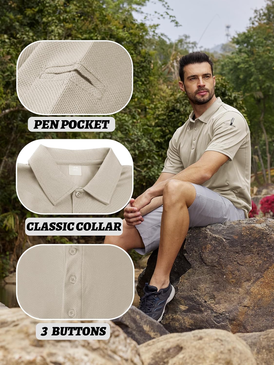 Detalle 2 de KEFITEVD men’s outdoor breathable polo shirt with quick-dry and sunglasses loop