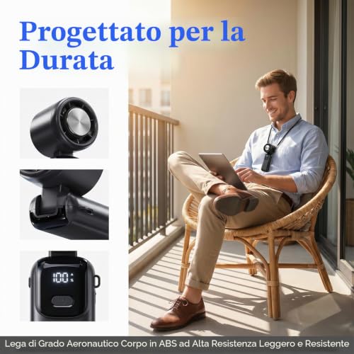 Detalle de Mepham Mini ventilatore ricaricabile USB-C: 100 velocità, 2400mAh, silenzioso e portatile
