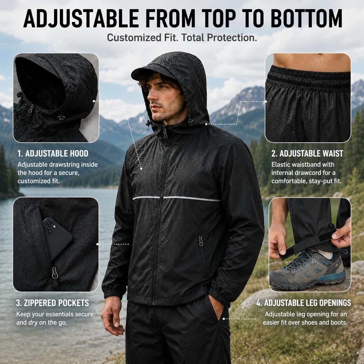 Detalle 1 de SWISSWELL 20 oz Waterproof Rain Suit for Men and Women, Packable Jacket & Pants