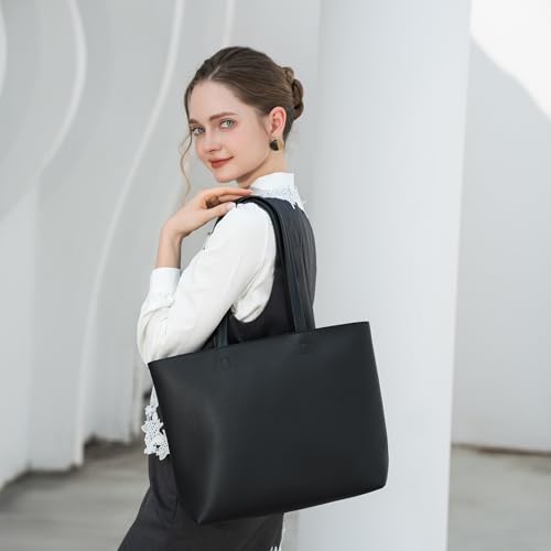 Detalle 2 de MEEGIRL Ladies Tote Bag – Simple PU Leather Tote in Black (M) with Top Zip and Inner Pocket