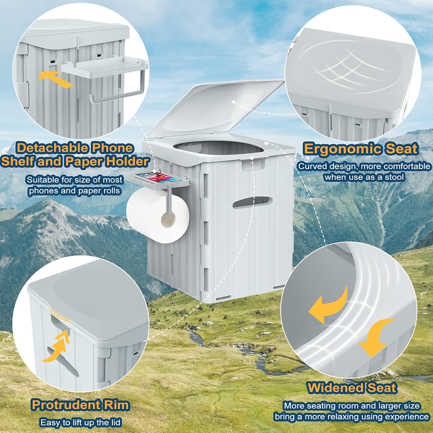 Detalle de WADEO OD0558-P XXXL draagbaar toilet met deksel, telefoon- en toiletrolhouder