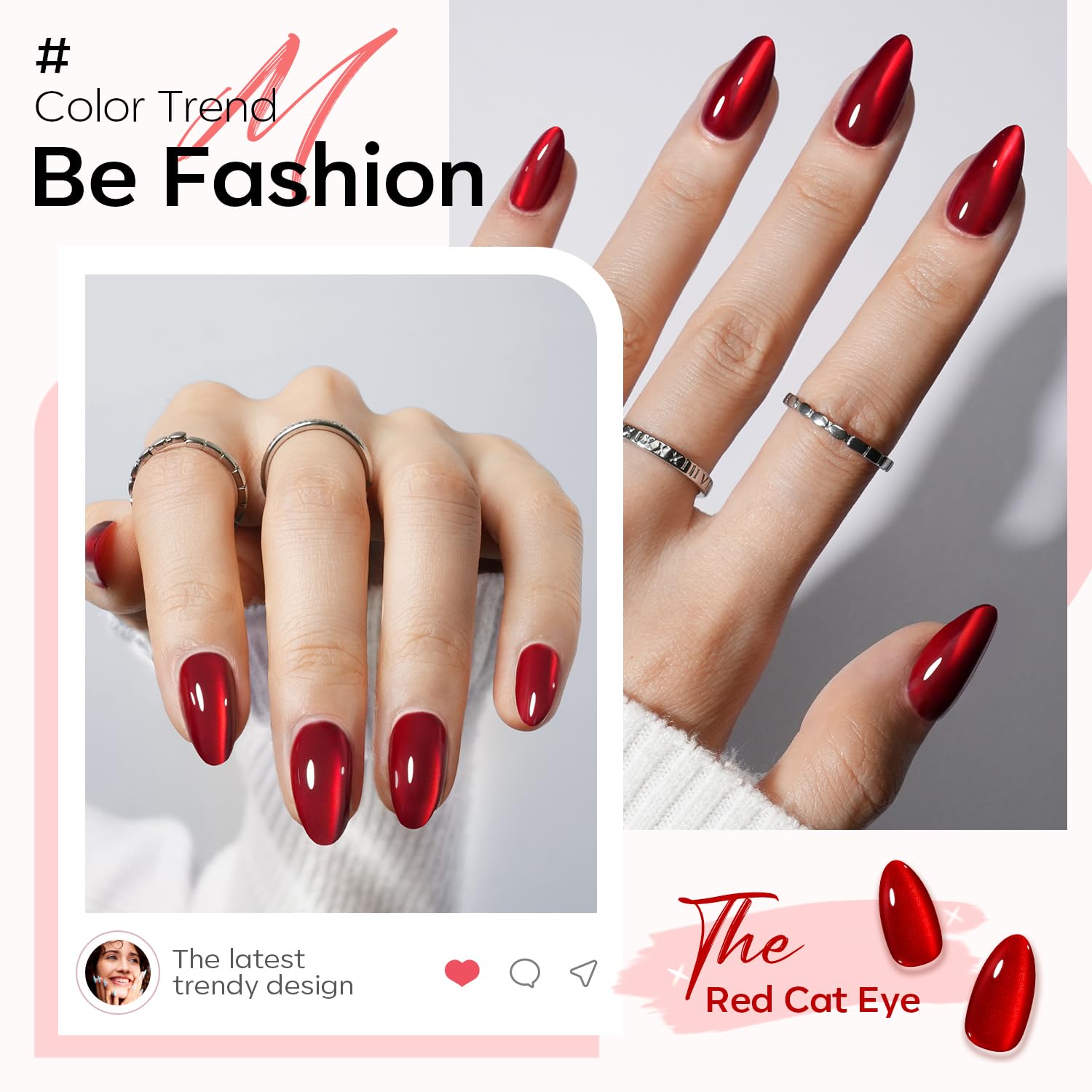 Thumbnail 1 de Modelones Red Cat Eye Almond Press-On Nails, Short Reusable Kit, 32 Pieces