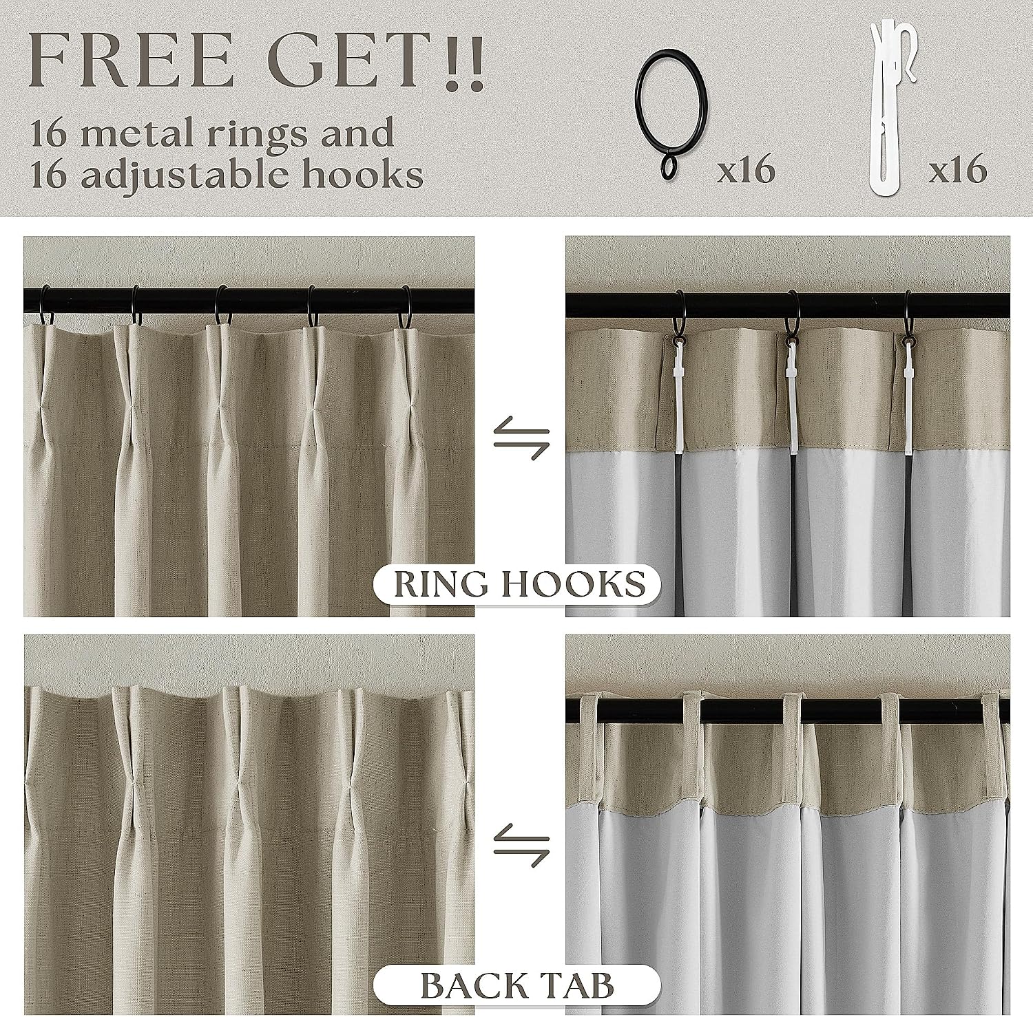 Thumbnail 5 de Greyish Beige Pinch Pleated Linen Blackout Curtains 96