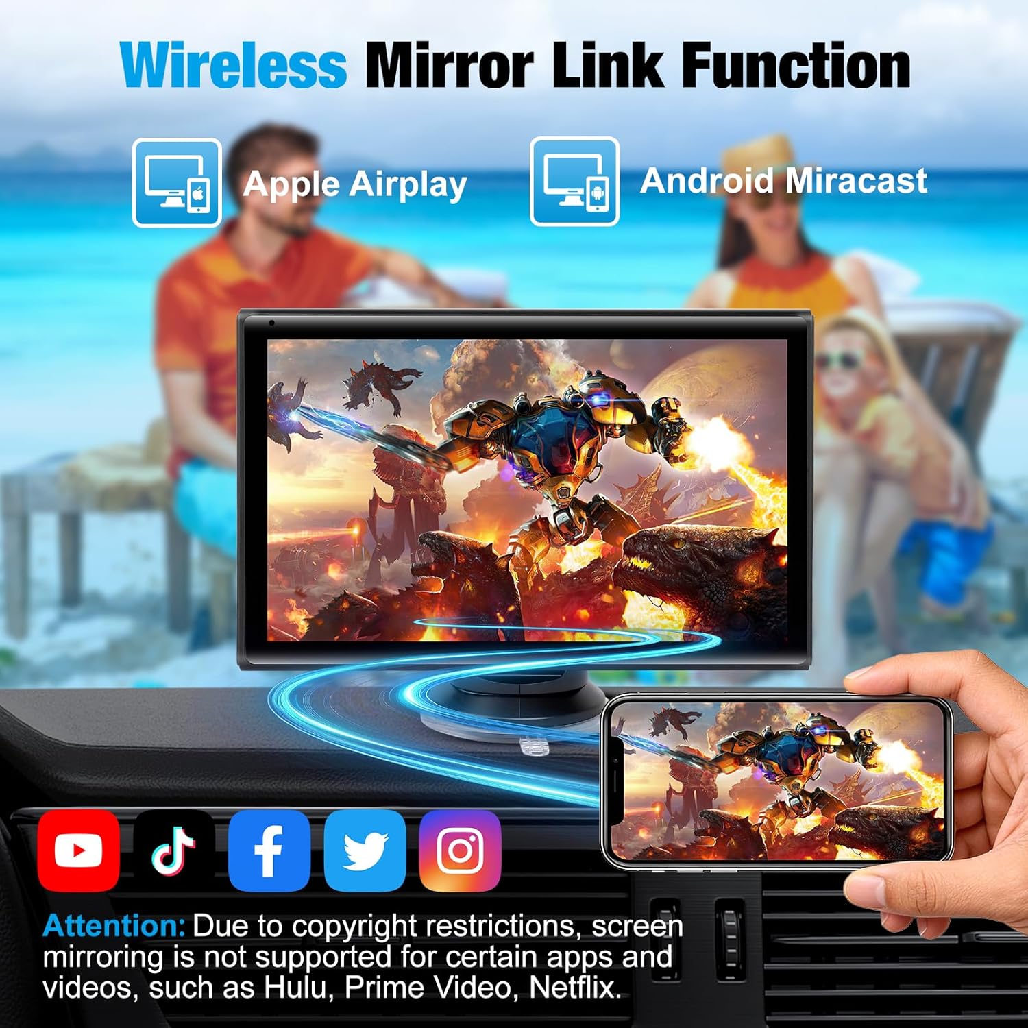 Thumbnail 5 de 7-Inch Wireless CarPlay & Android Auto Screen (Black) — Bluetooth, Voice Control, Mirror Link