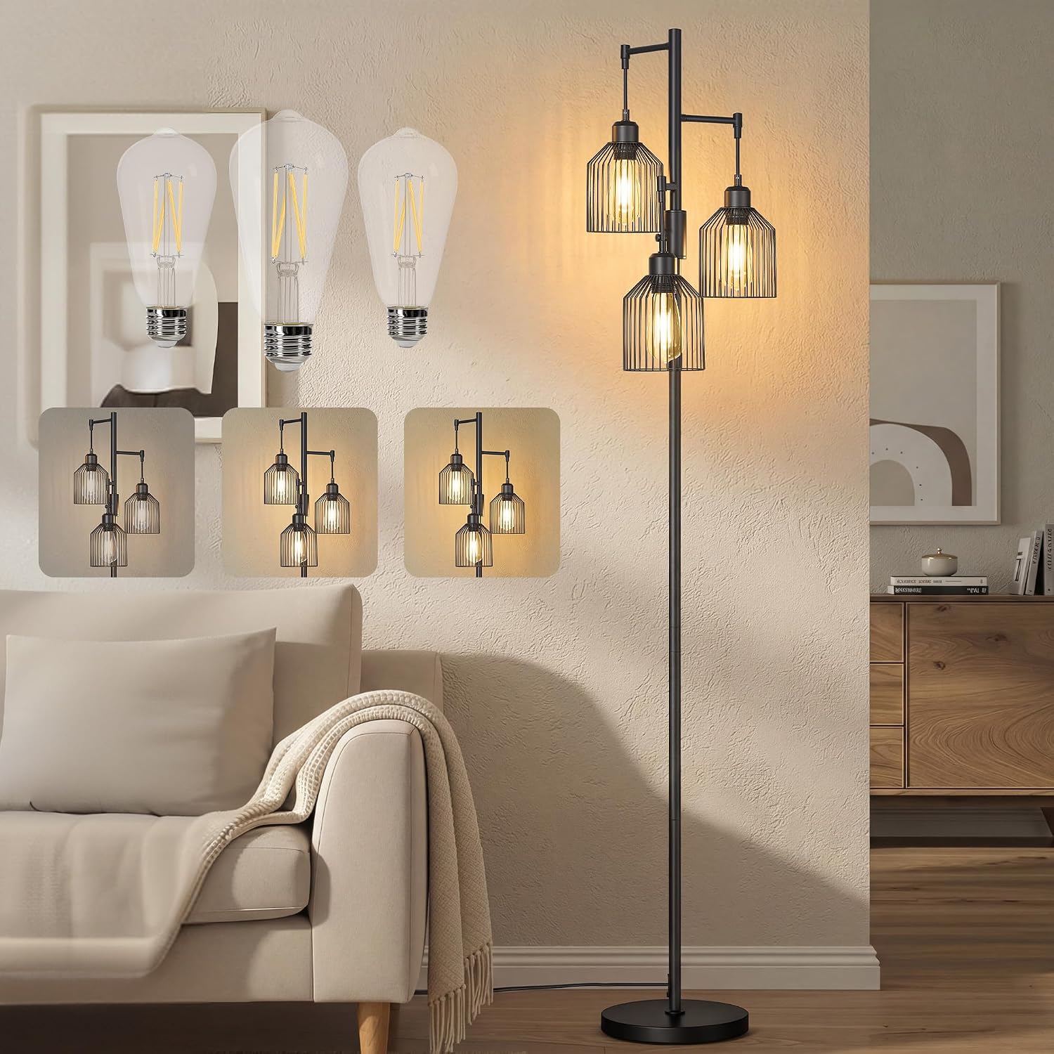 Imagen de VASAGLE 176cm Floor Lamp with 3 Bulbs and Adjustable Brightness (Ink Black) LFL013BD03 en OfertitasTOP
